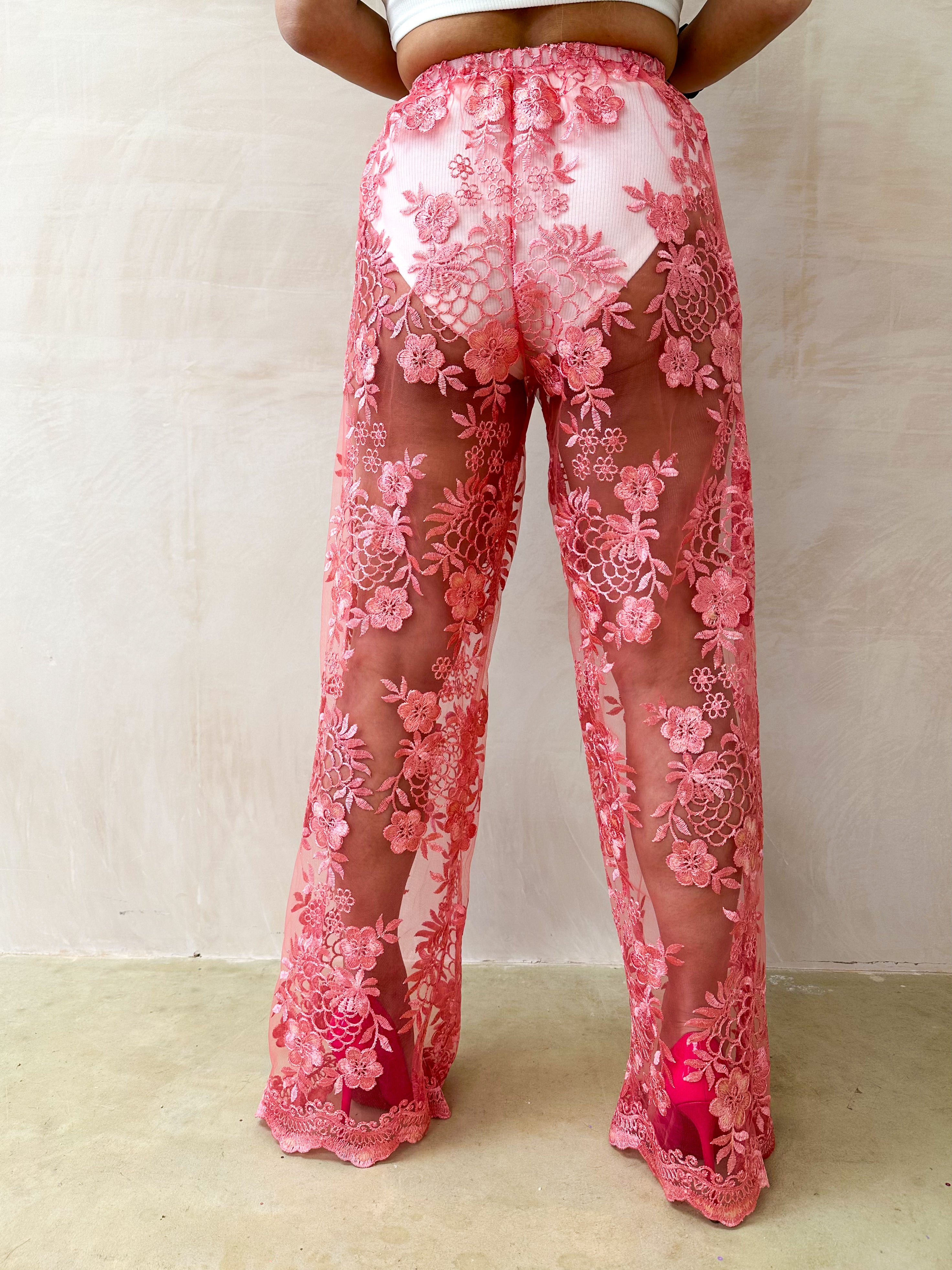 Wide Leg Floral Applique Lace Trousers In Rose Pink