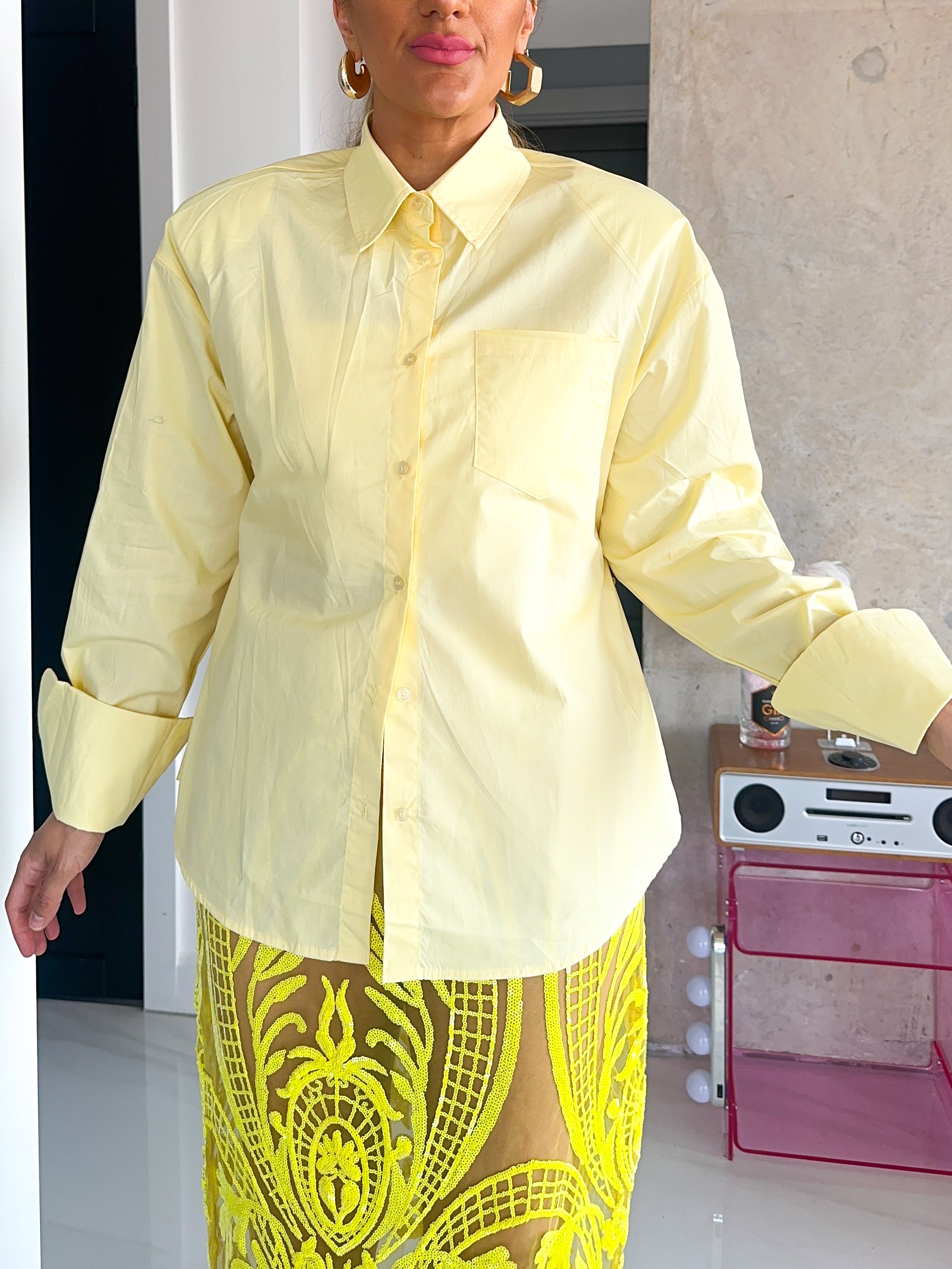 Shoulder Pad Tie Waist Shirt In Yellow