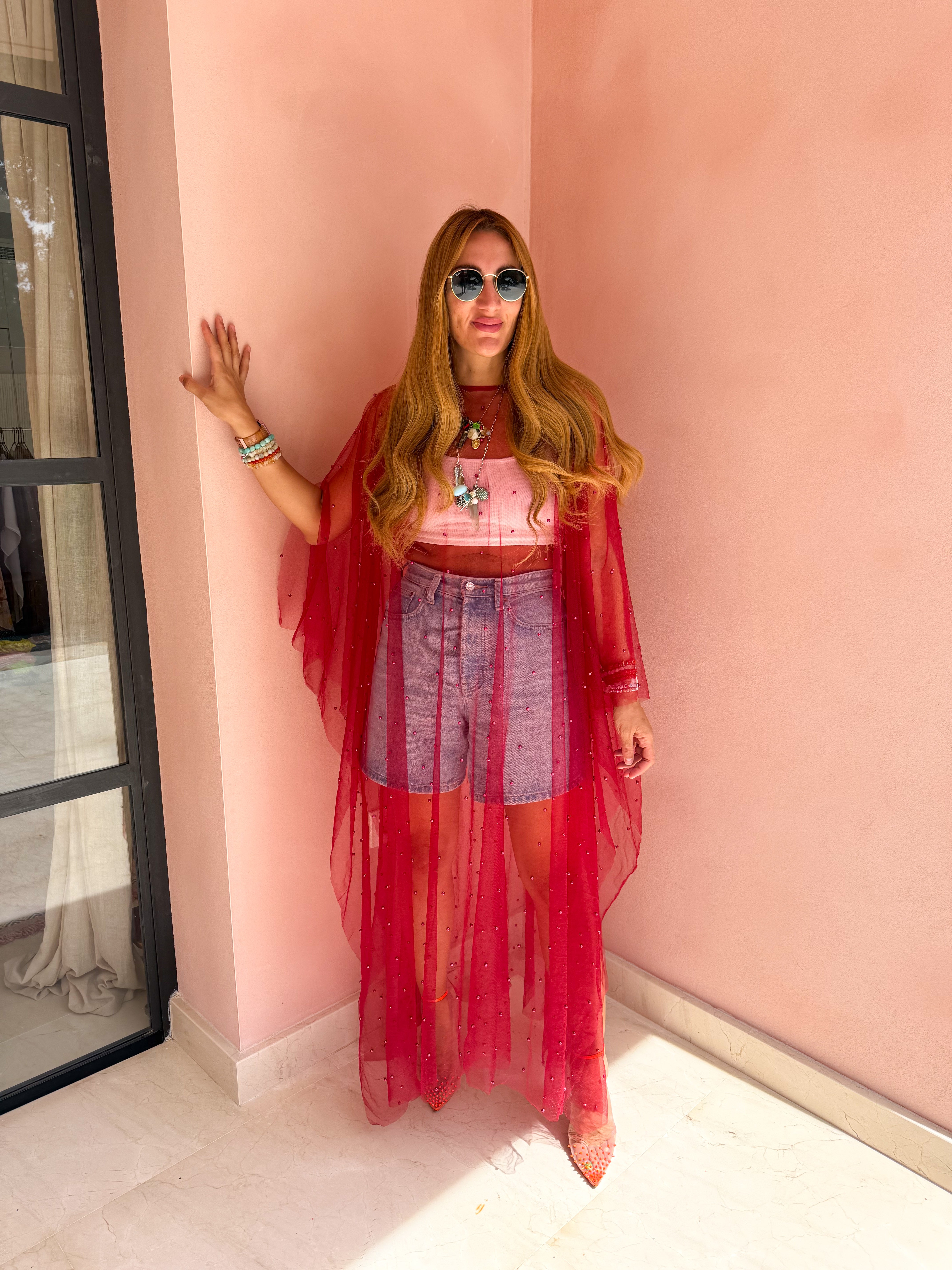 Tulle Vixen Pearl Mesh Kimono In Red