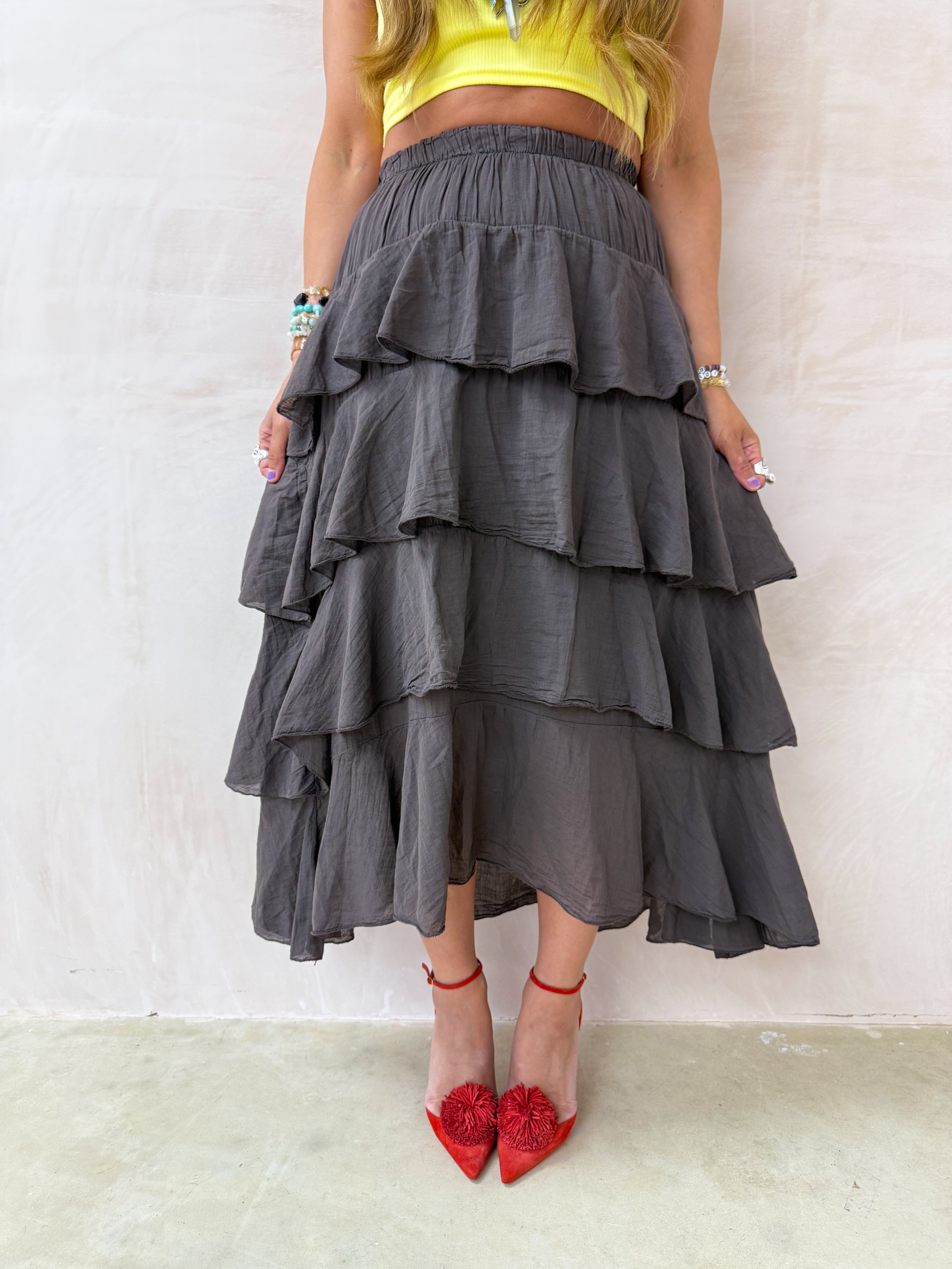 Tiered Ruffle Midi Skirt In Brown