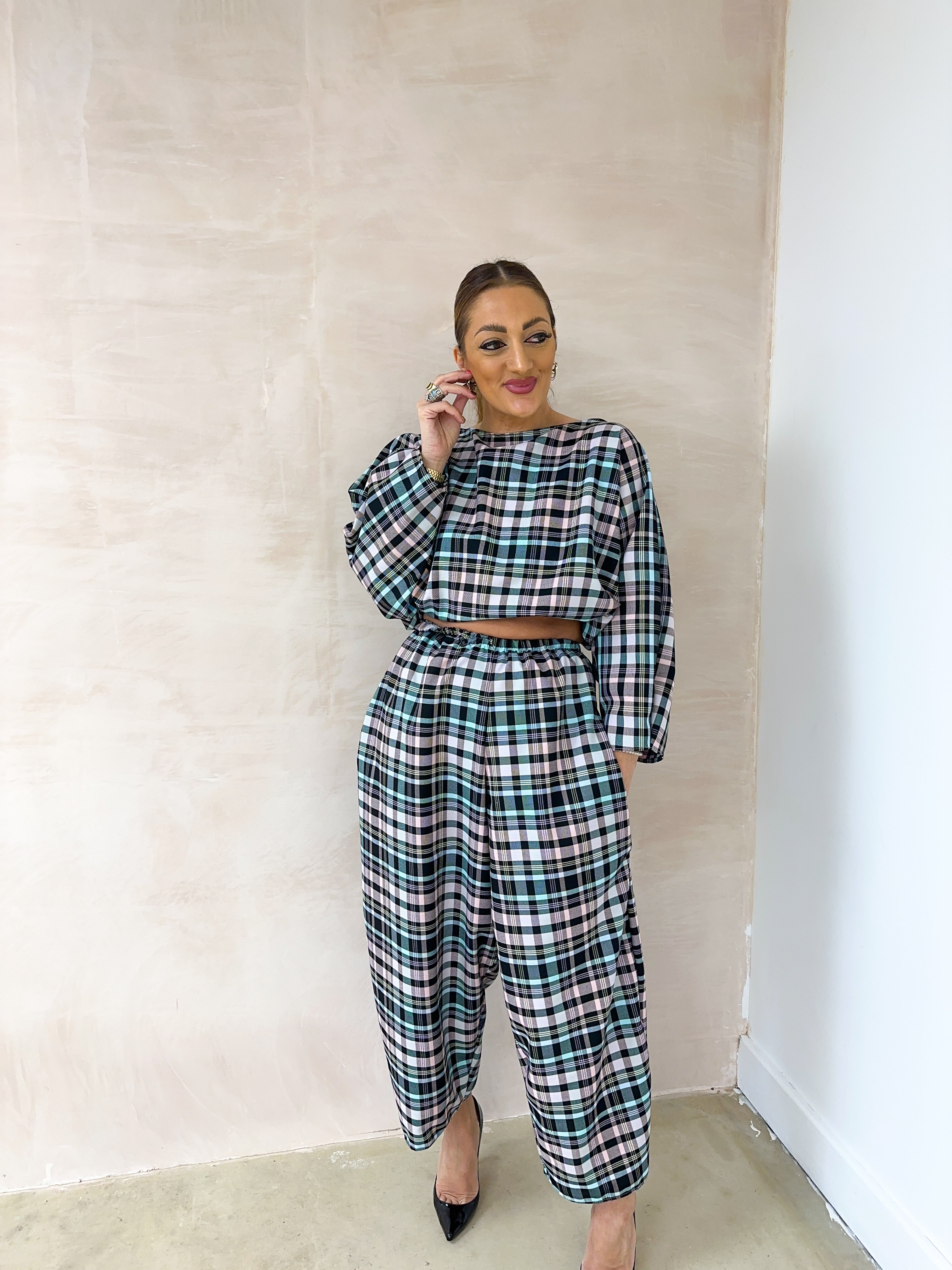 Muse Puff Sleeve Top In Colourful Pastel Tartan