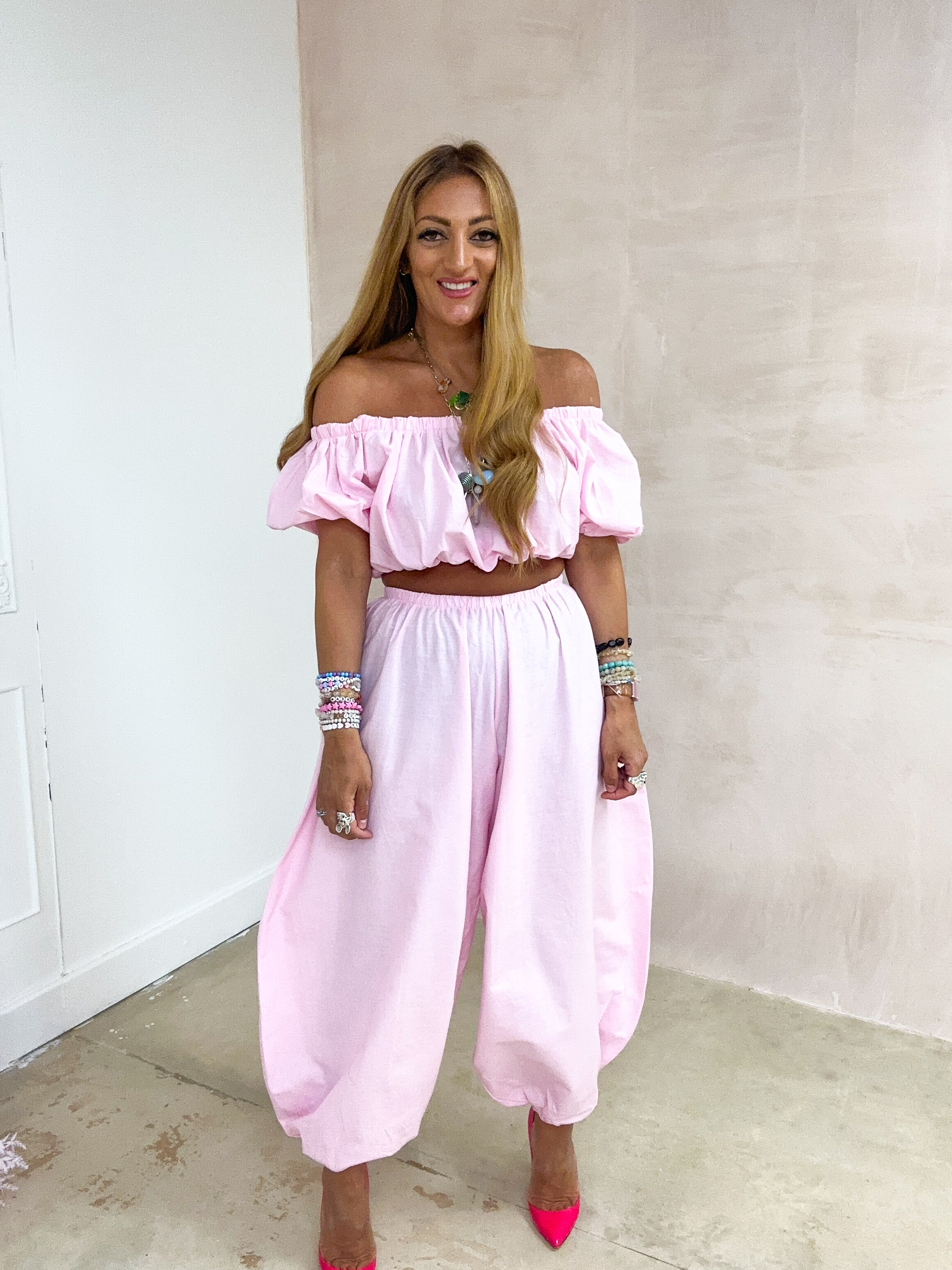 The Aladdin Puff Sleeve Bardot Top In Pink