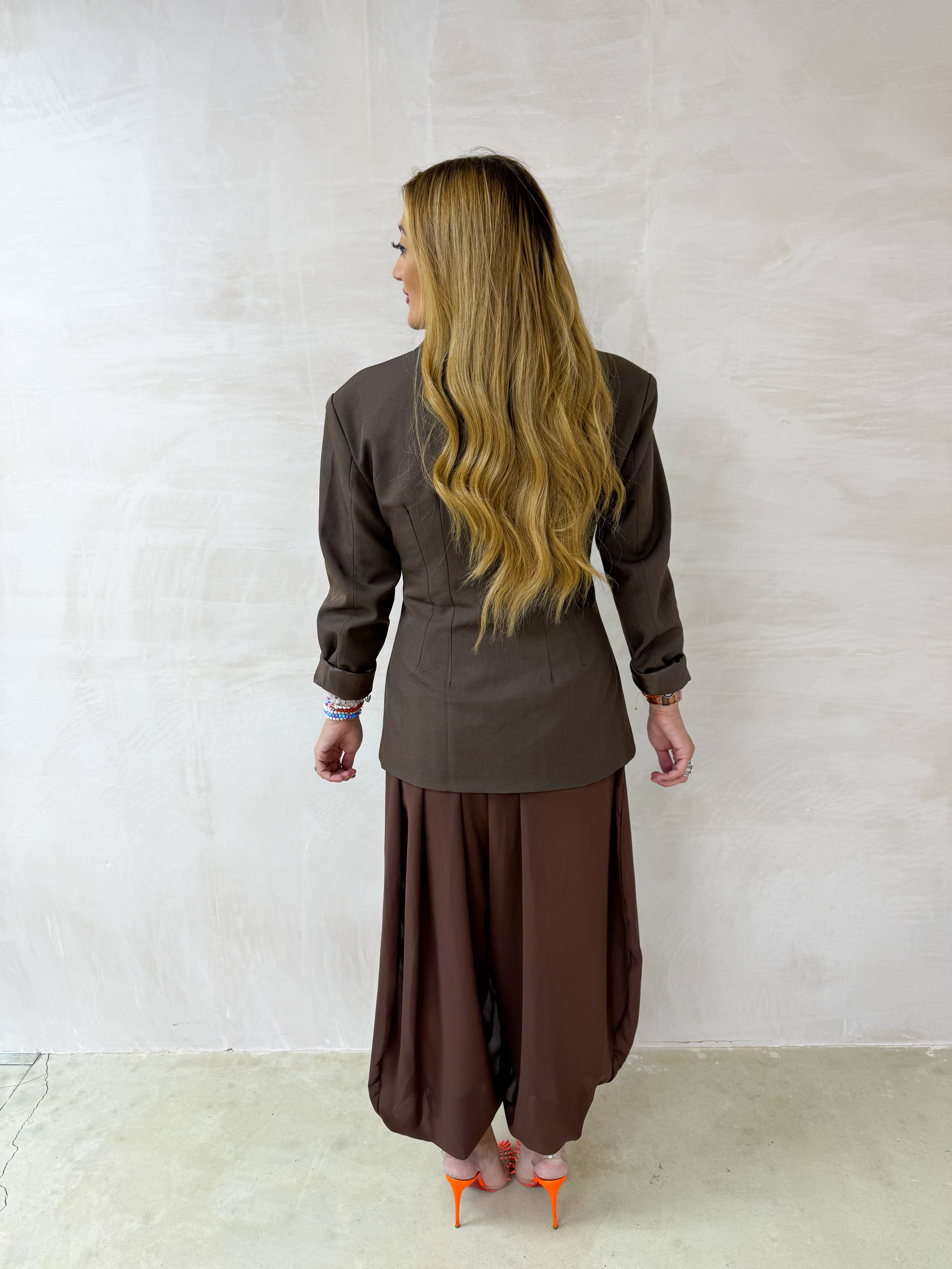 Cross Front Button Blazer In Chocolate Brown