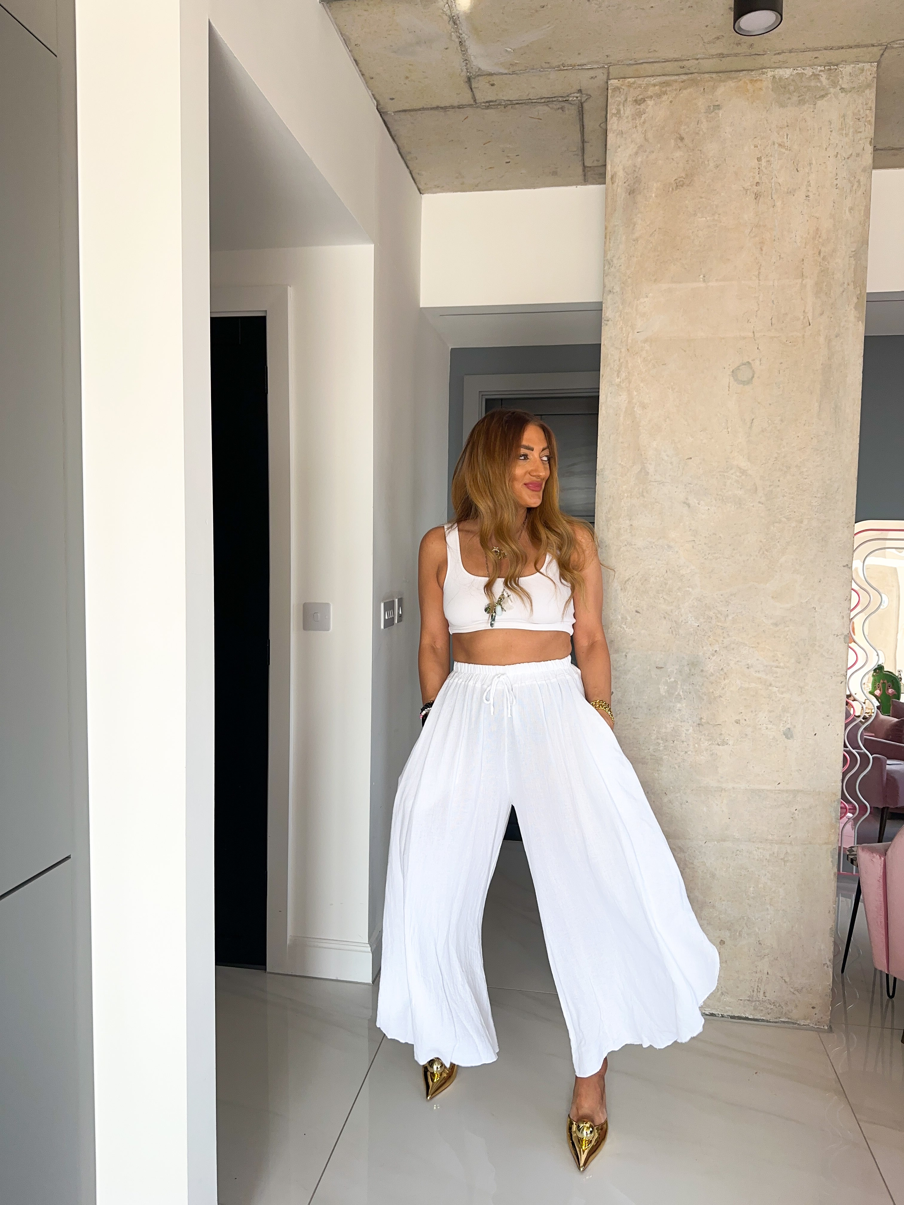 Wide Leg Floaty Trousers In White