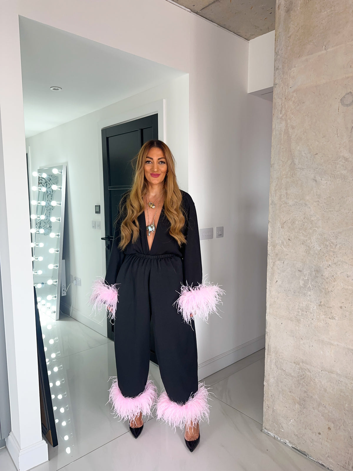 Pink Feather Cuff Shirt In Black