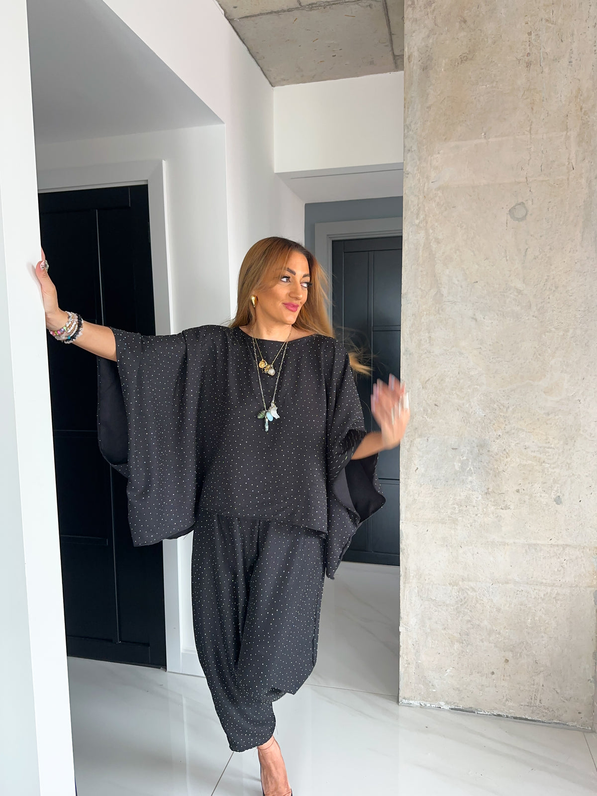 Core 0.2 Scattered Rhinestone Kimono Style Top In Black
