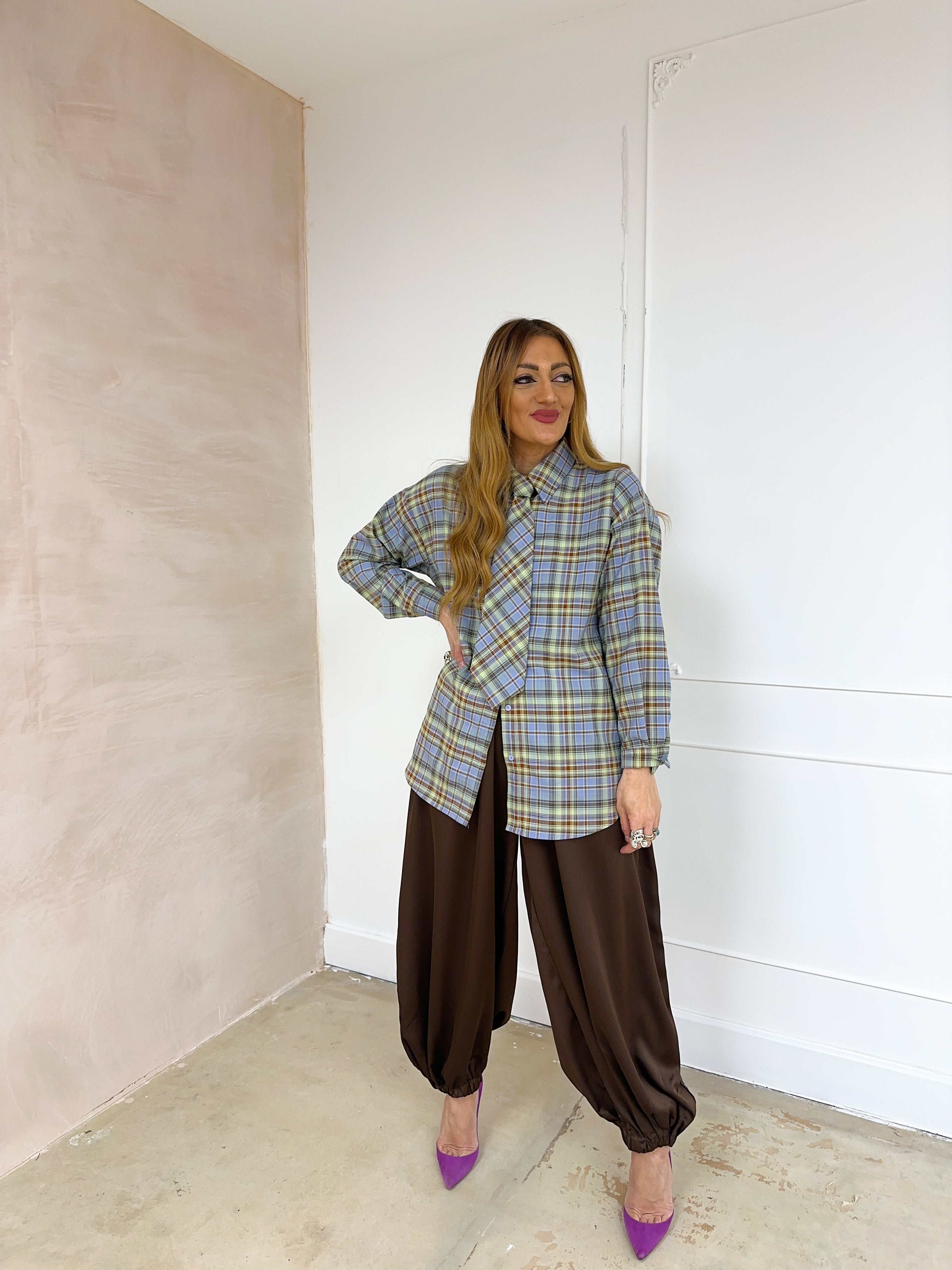 Relaxed Fit Tie Detail Shirt In Multi Tartan