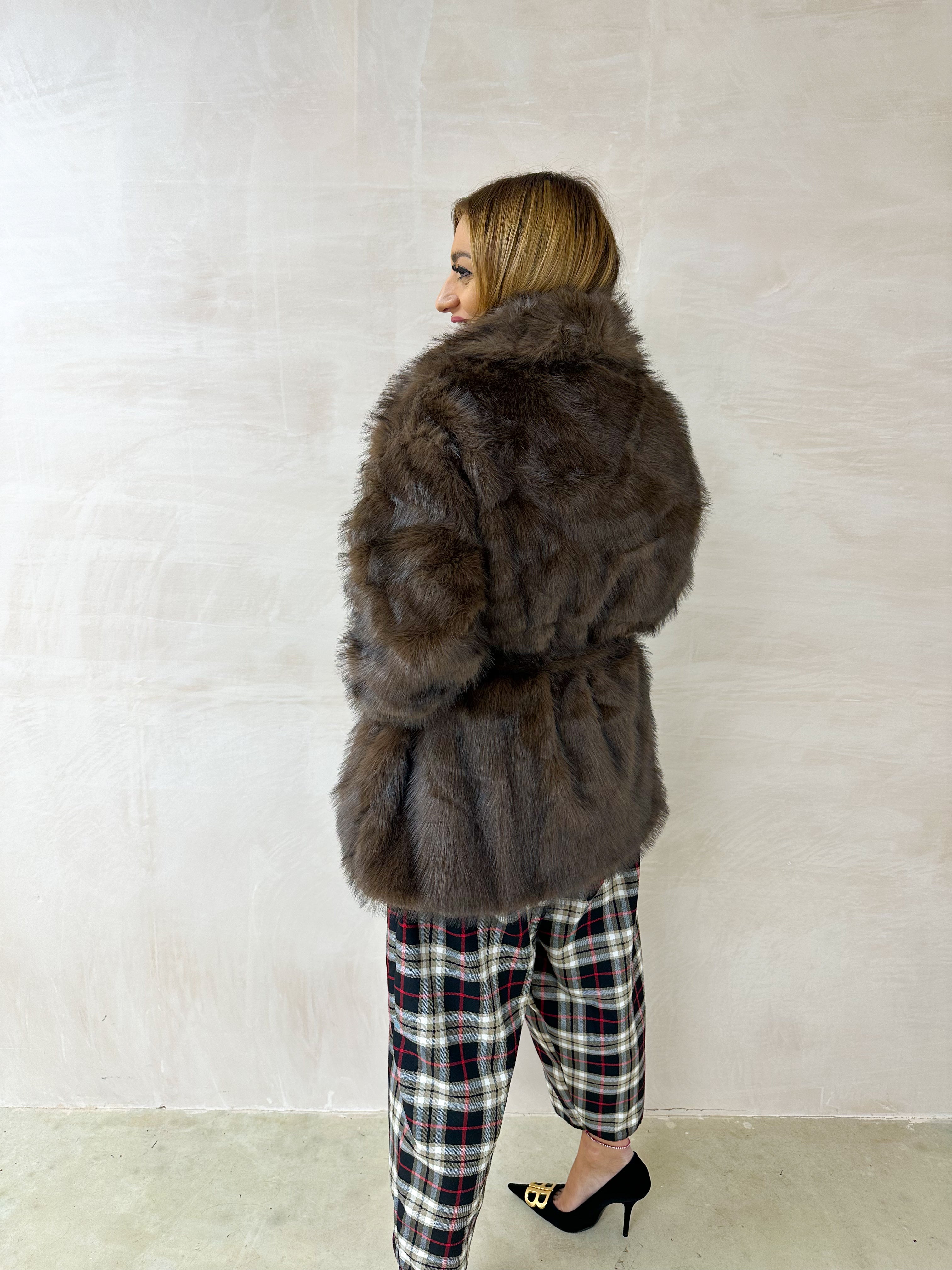 Luxury Faux Fur Belted Jacket In Brown