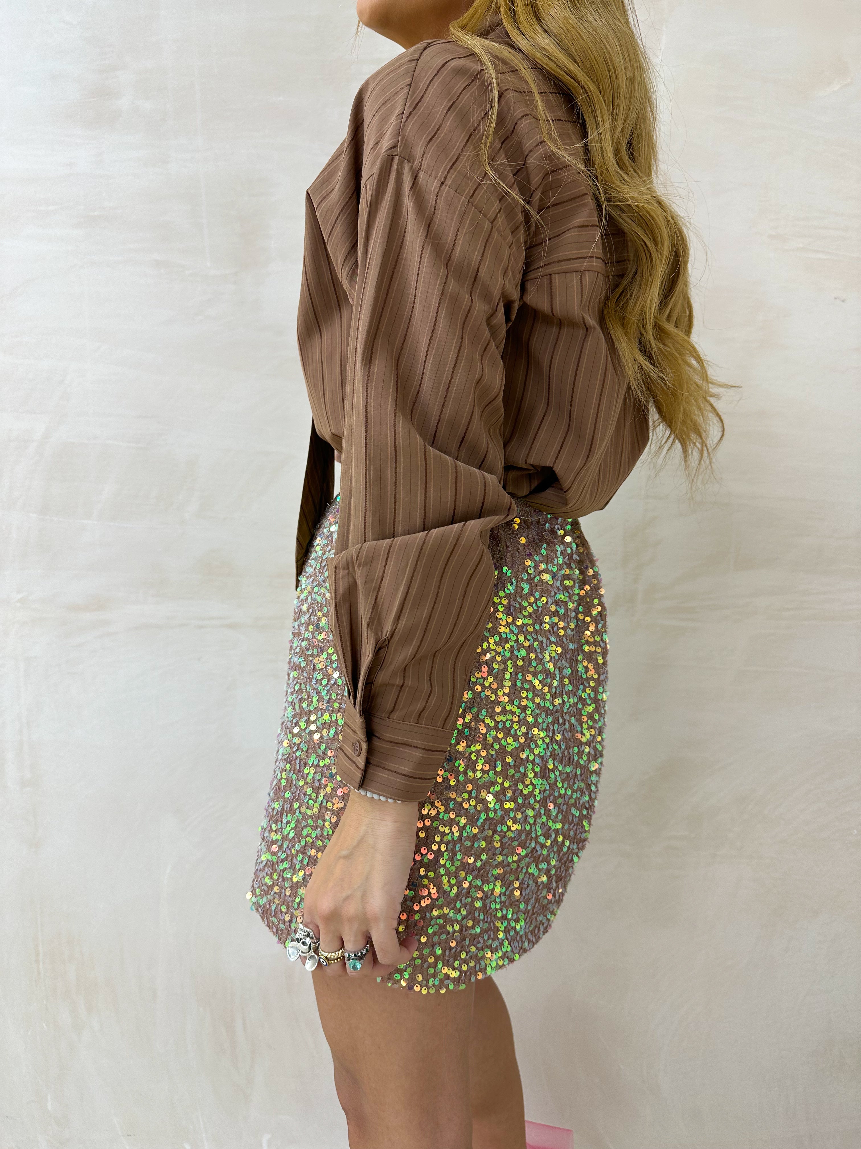 'Candy' Sequin Mini Skirt In Iridescent Nude