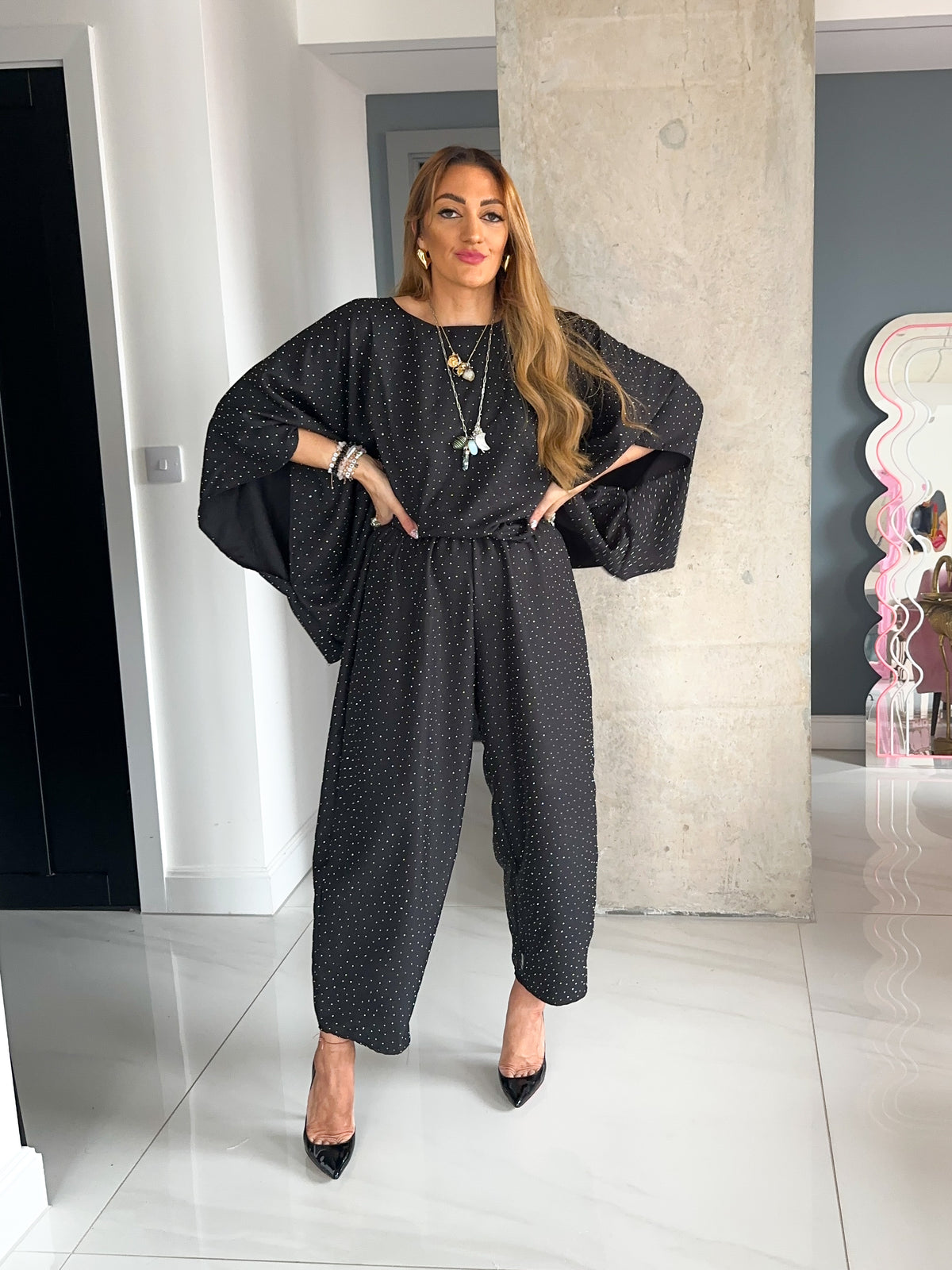 Core 0.2 Scattered Rhinestone Balloon Trousers In Black