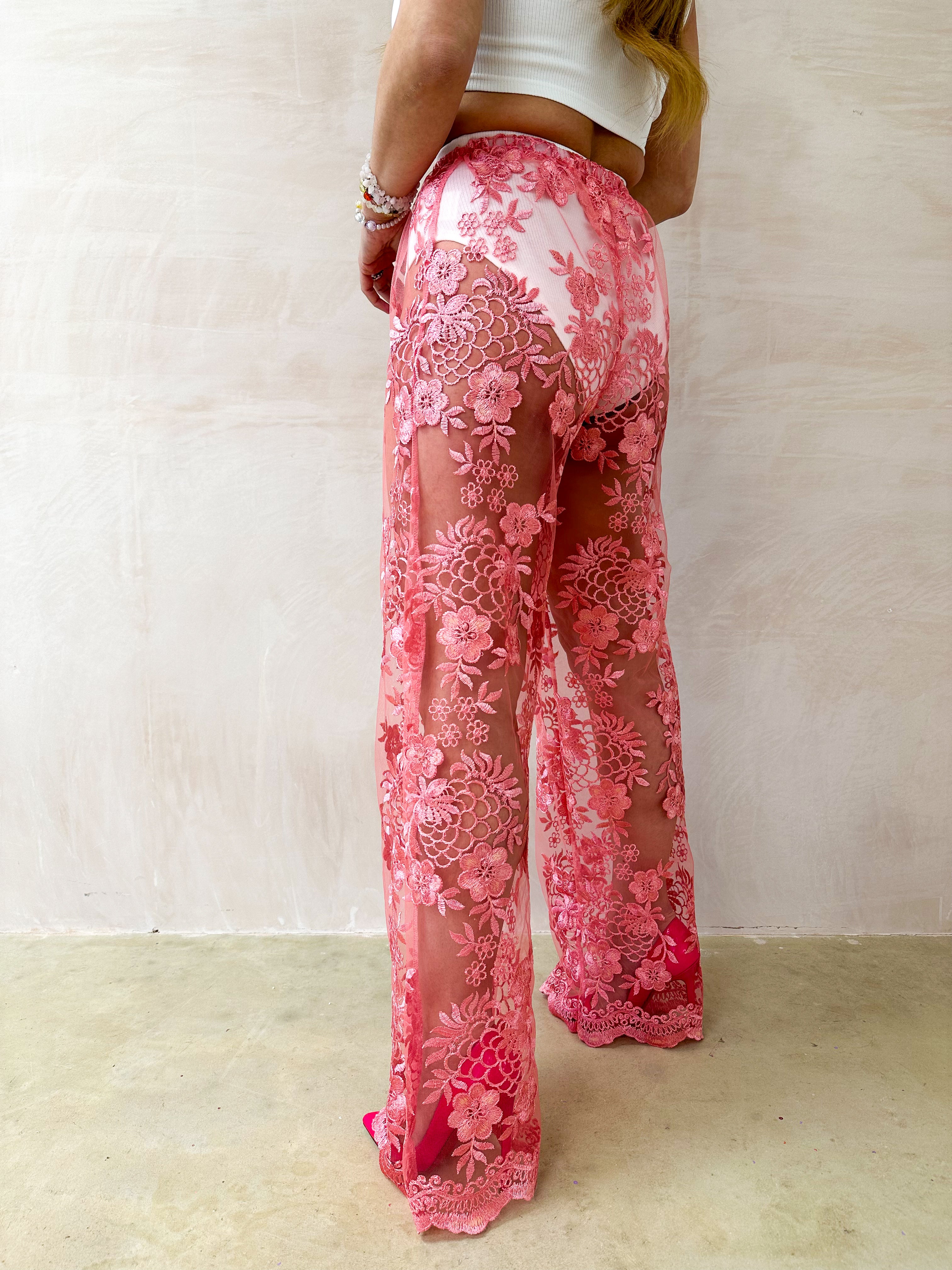 Wide Leg Floral Applique Lace Trousers In Rose Pink