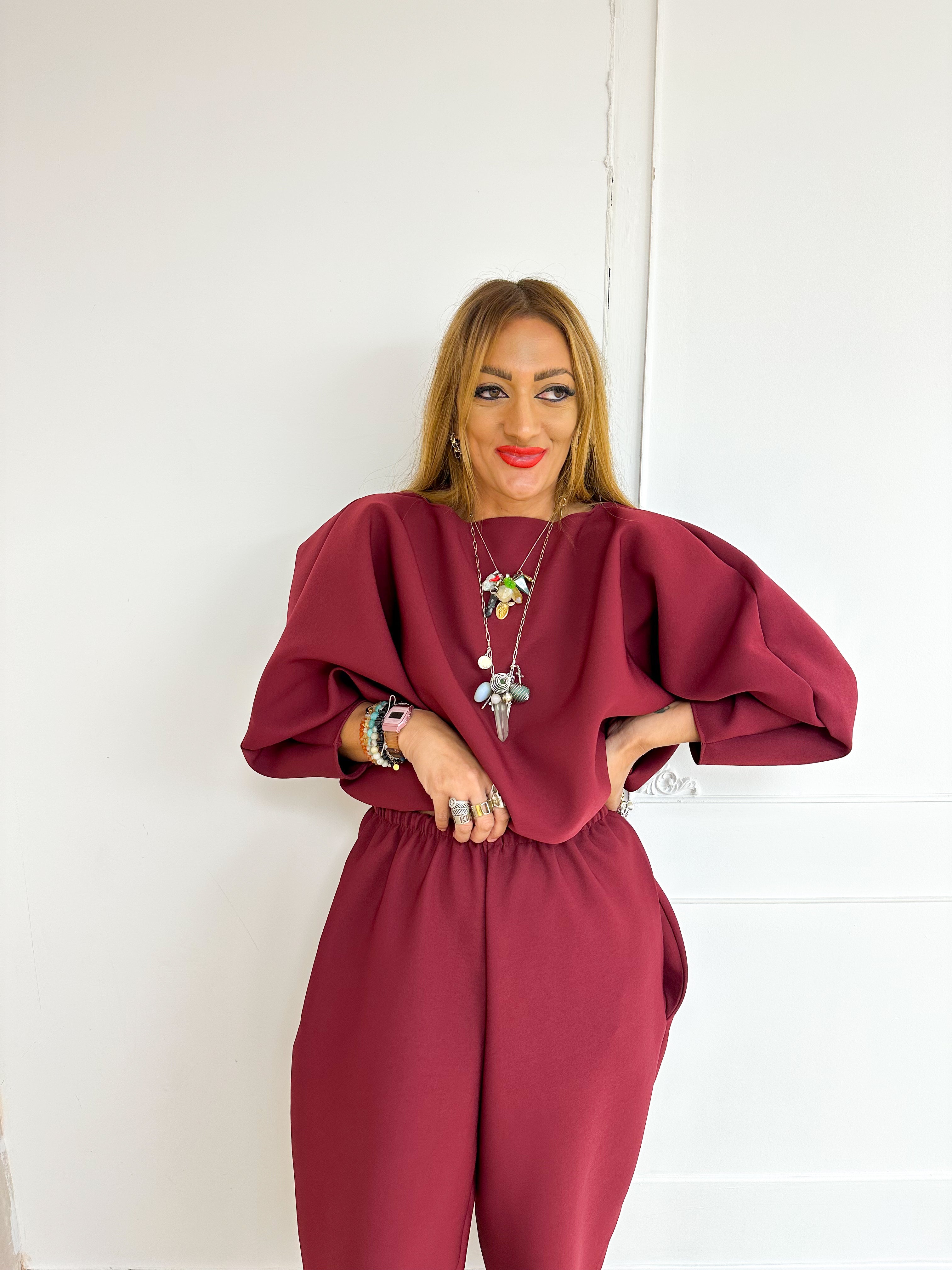 Puff Sleeve Scuba Jumper In Burgundy