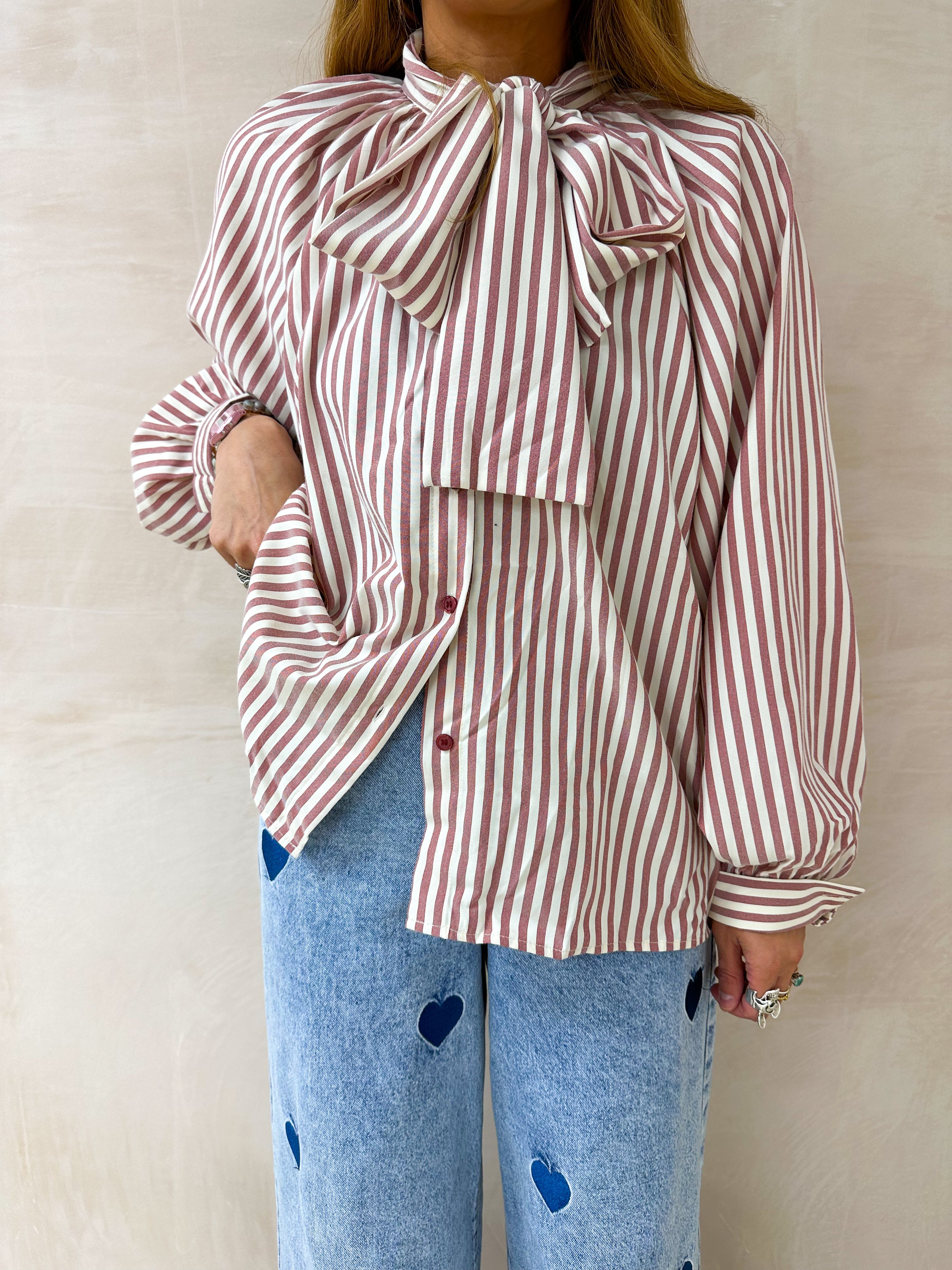 Stripe Bow Front Shirt In Red And Cream