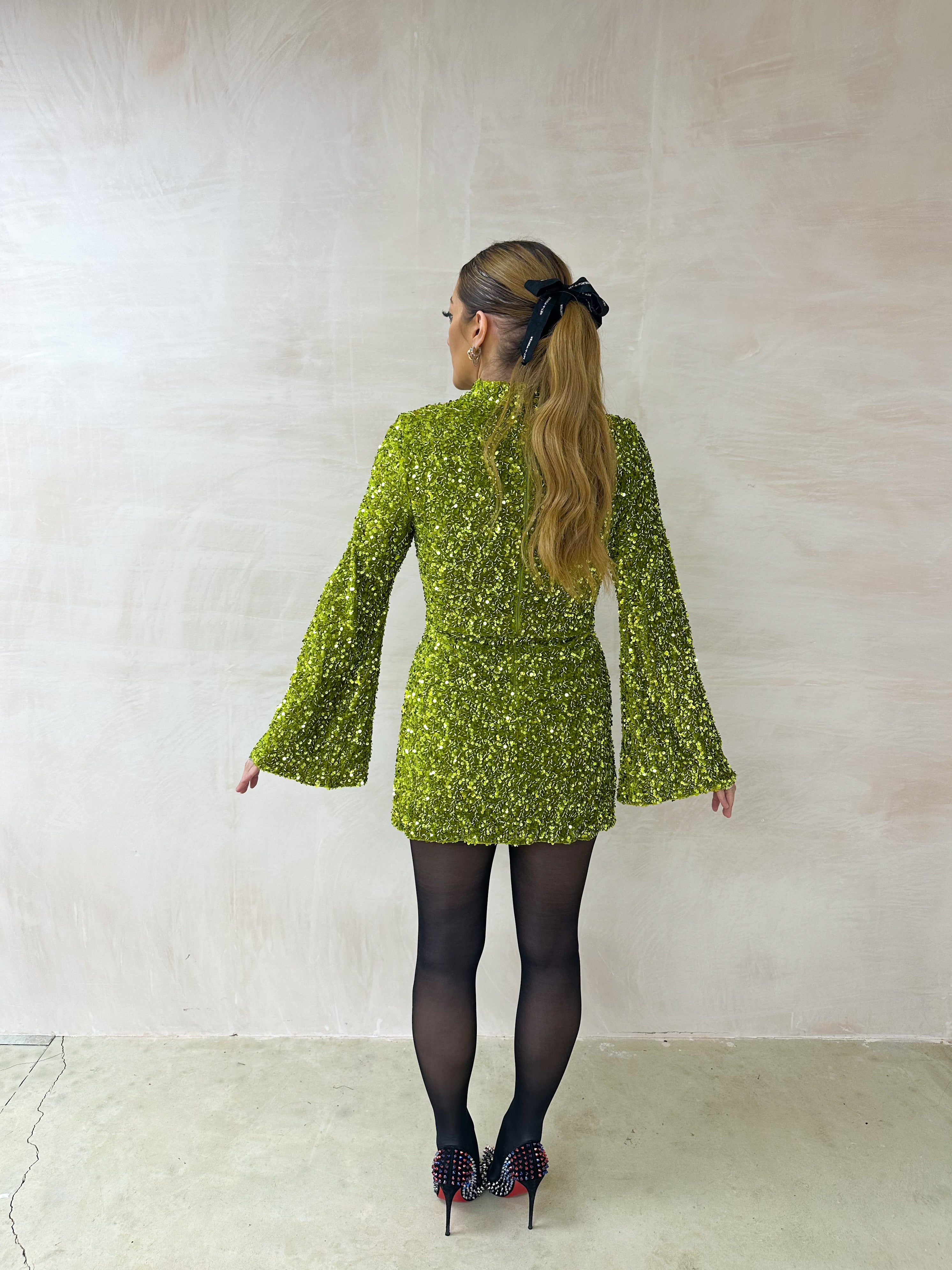 Flare Sleeve Sequin Mini Dress In Green