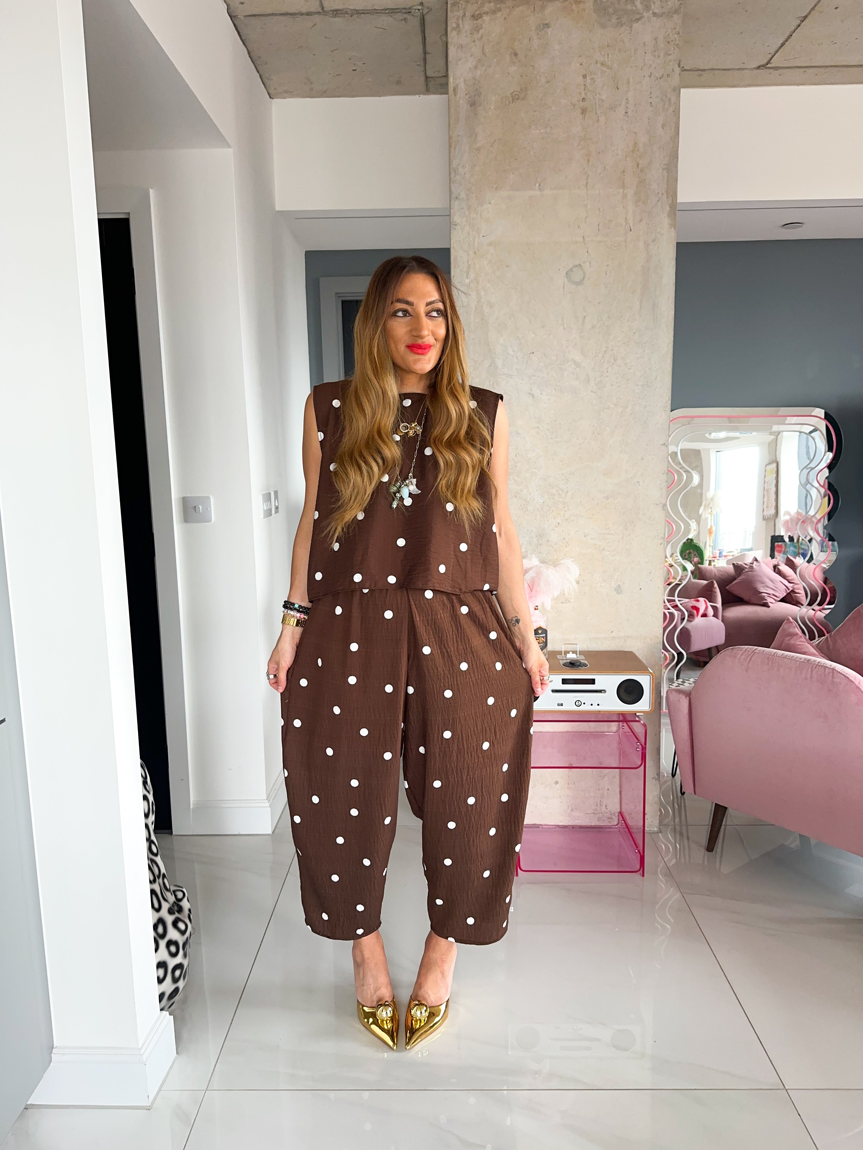 Slouch Vest In Brown Polka Dot