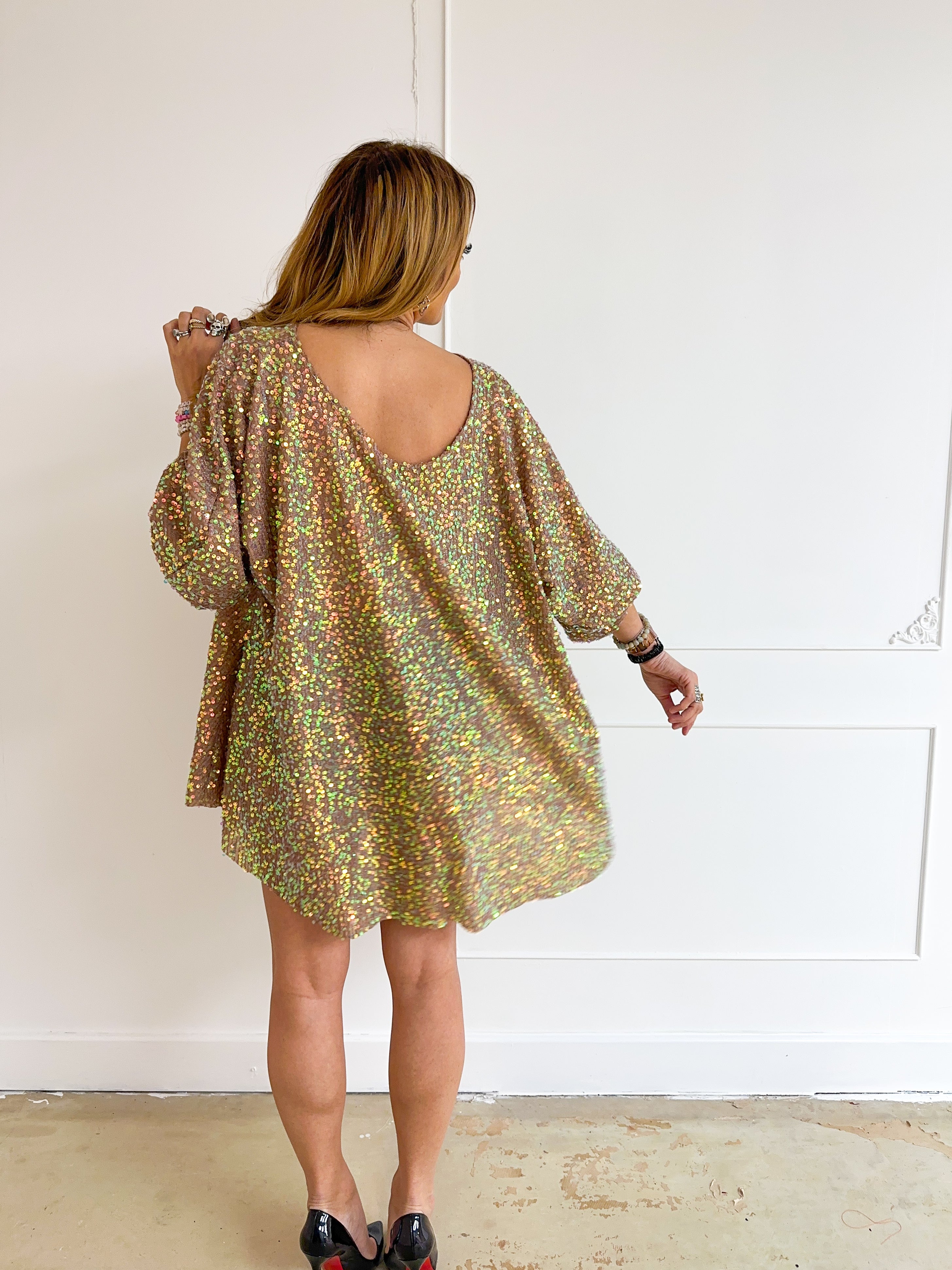 The ‘Candy’ Puff Sleeve Swing Mini Dress In Iridescent Sequin | LIMITED EDITION