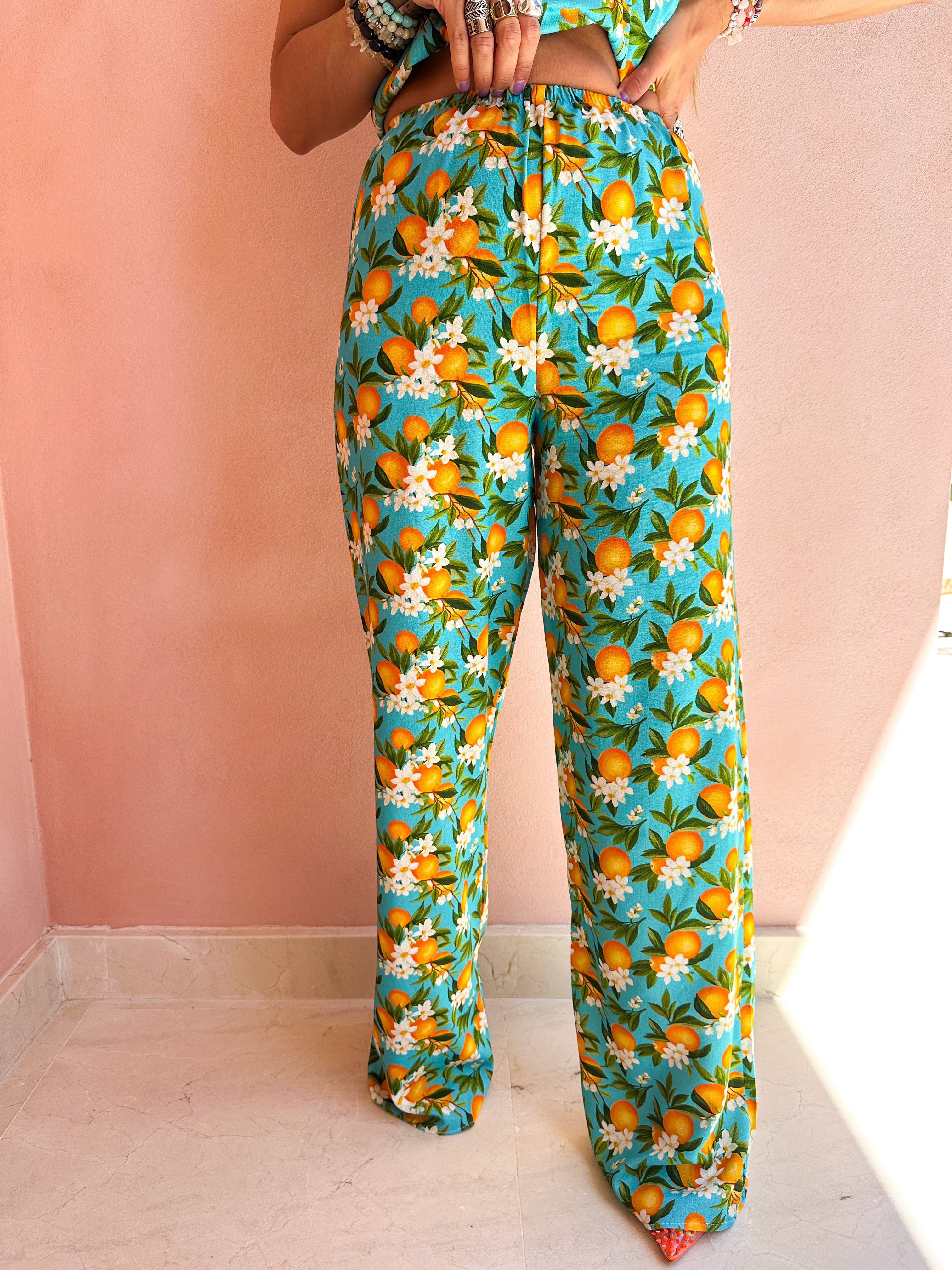 The Valencia Wide Leg Trousers In Scattered Orange Print