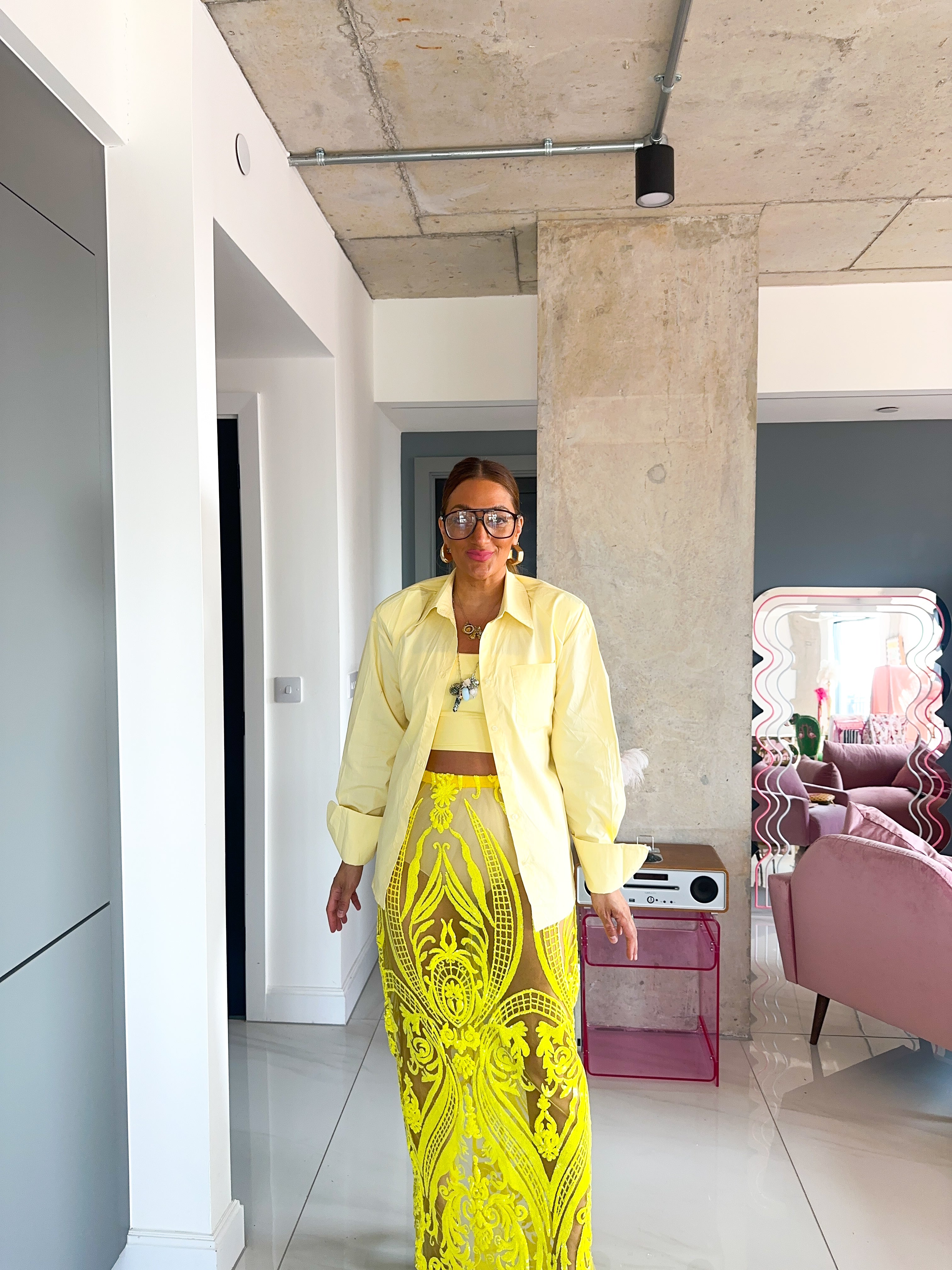 Shoulder Pad Tie Waist Shirt In Yellow