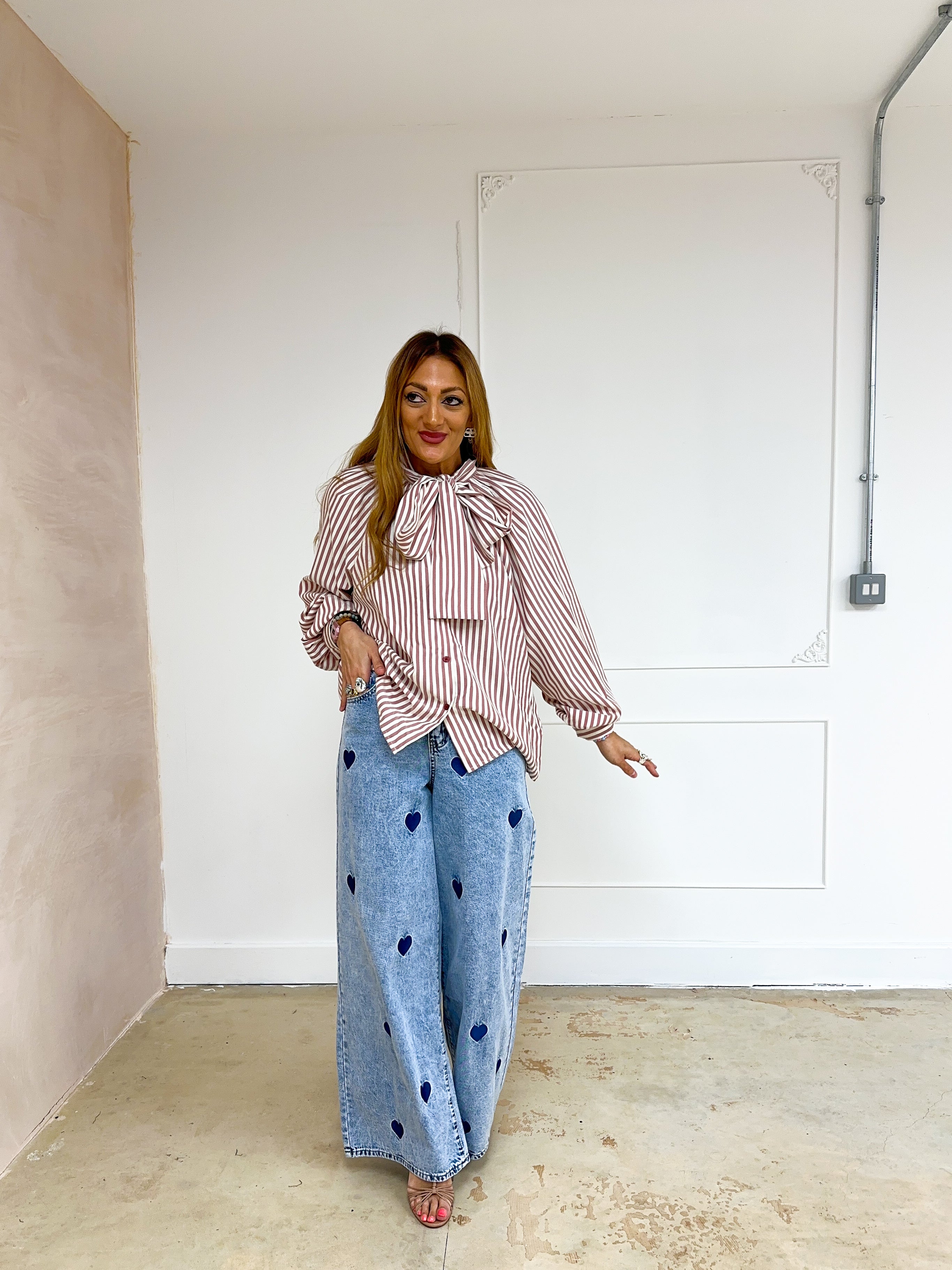 Stripe Bow Front Shirt In Red And Cream