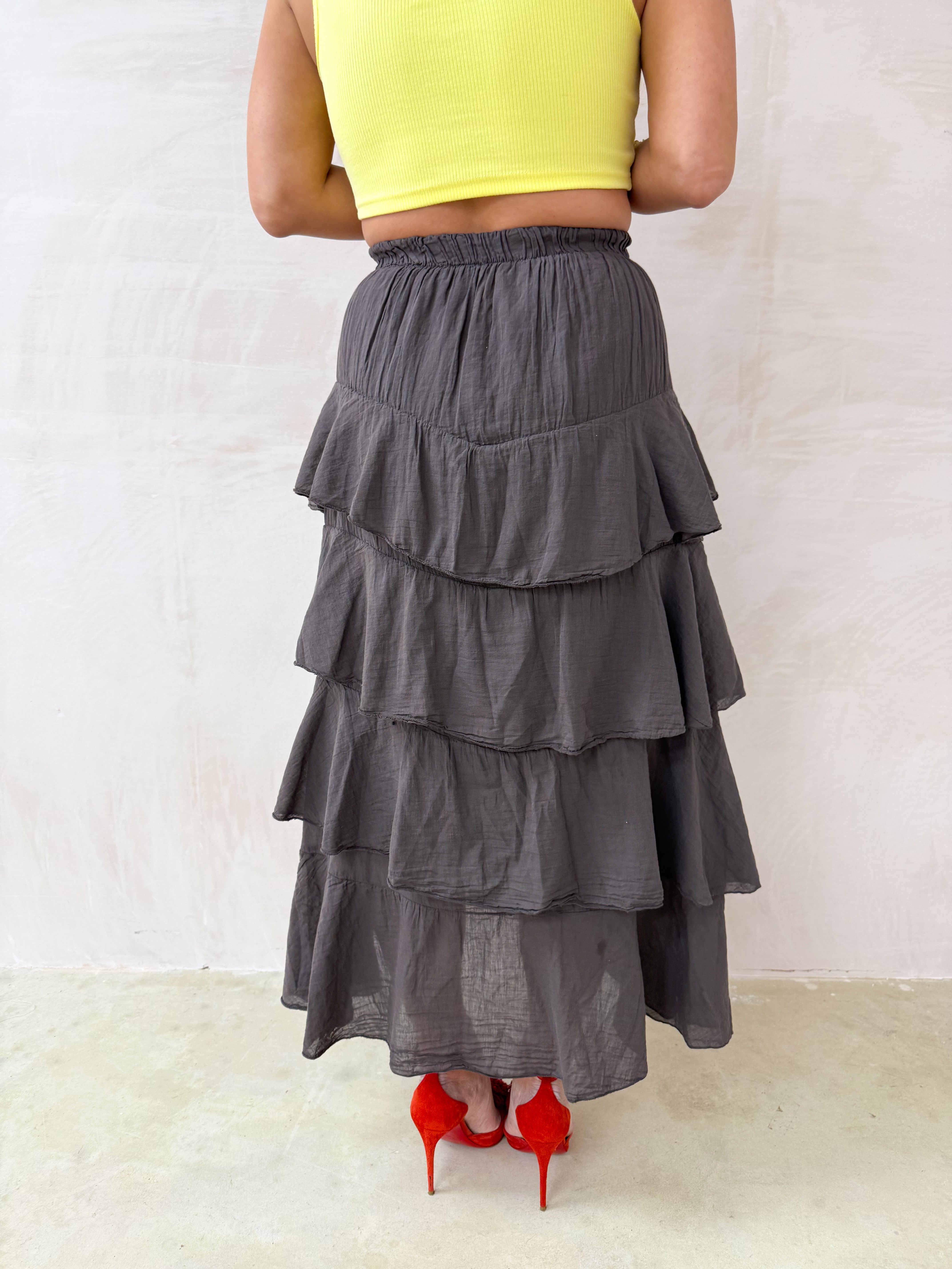 Tiered Ruffle Midi Skirt In Brown
