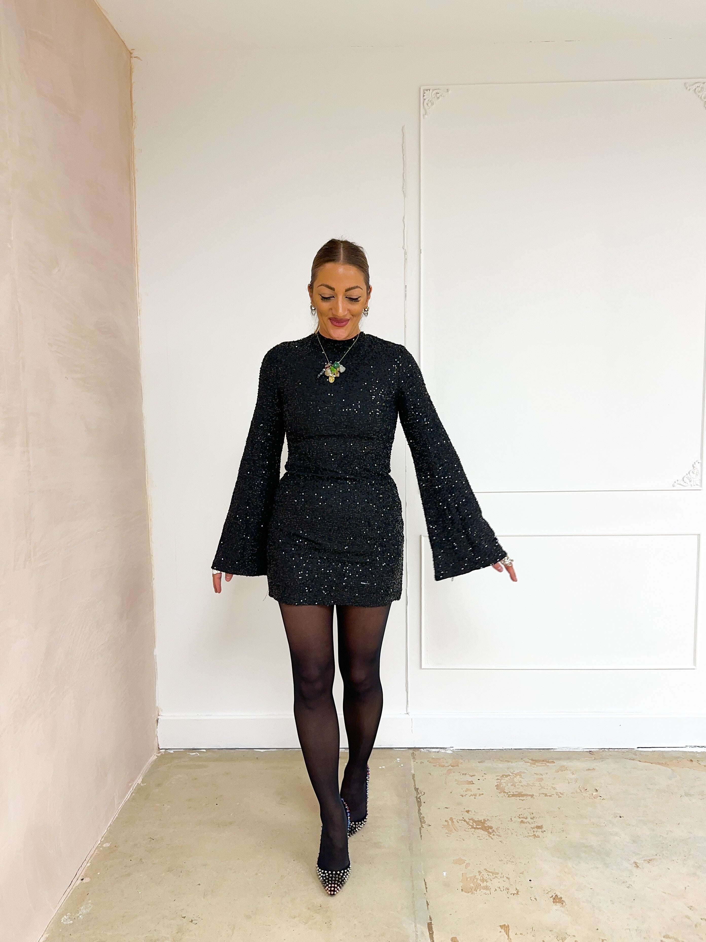 Flare Sleeve Sequin Mini Dress In Black