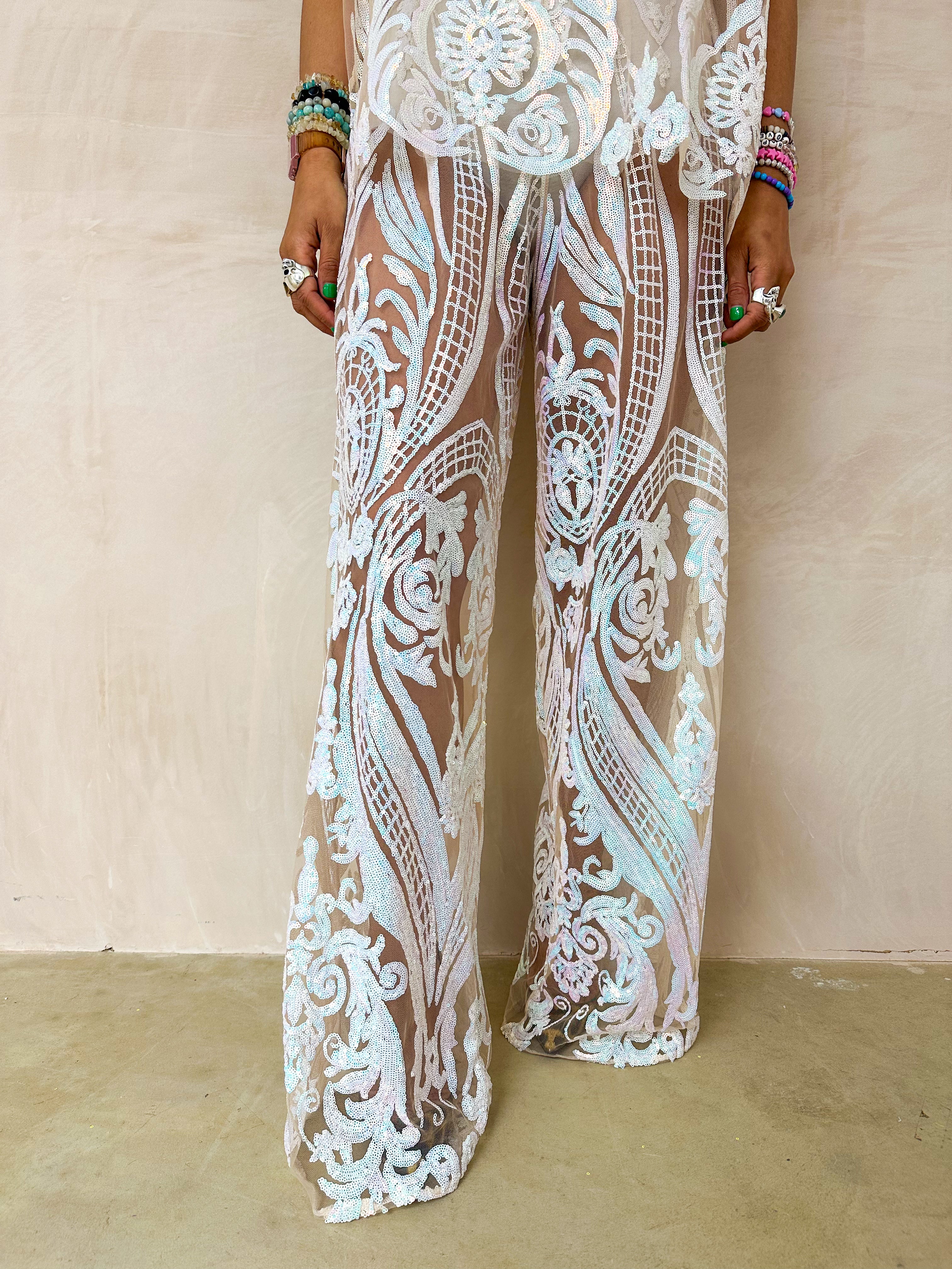 The Solaris Sequin Trousers In Iridescent White