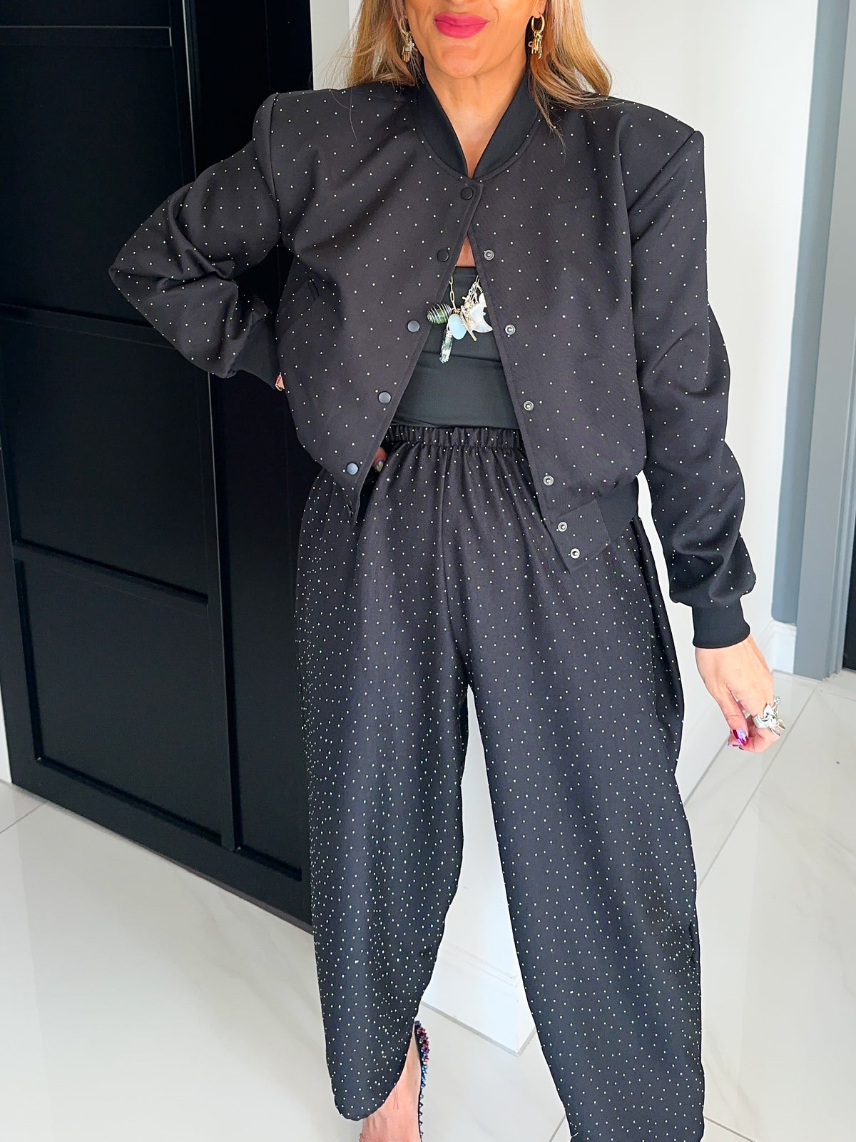 Core 0.2 Scattered Rhinestone Bomber Jacket In Black