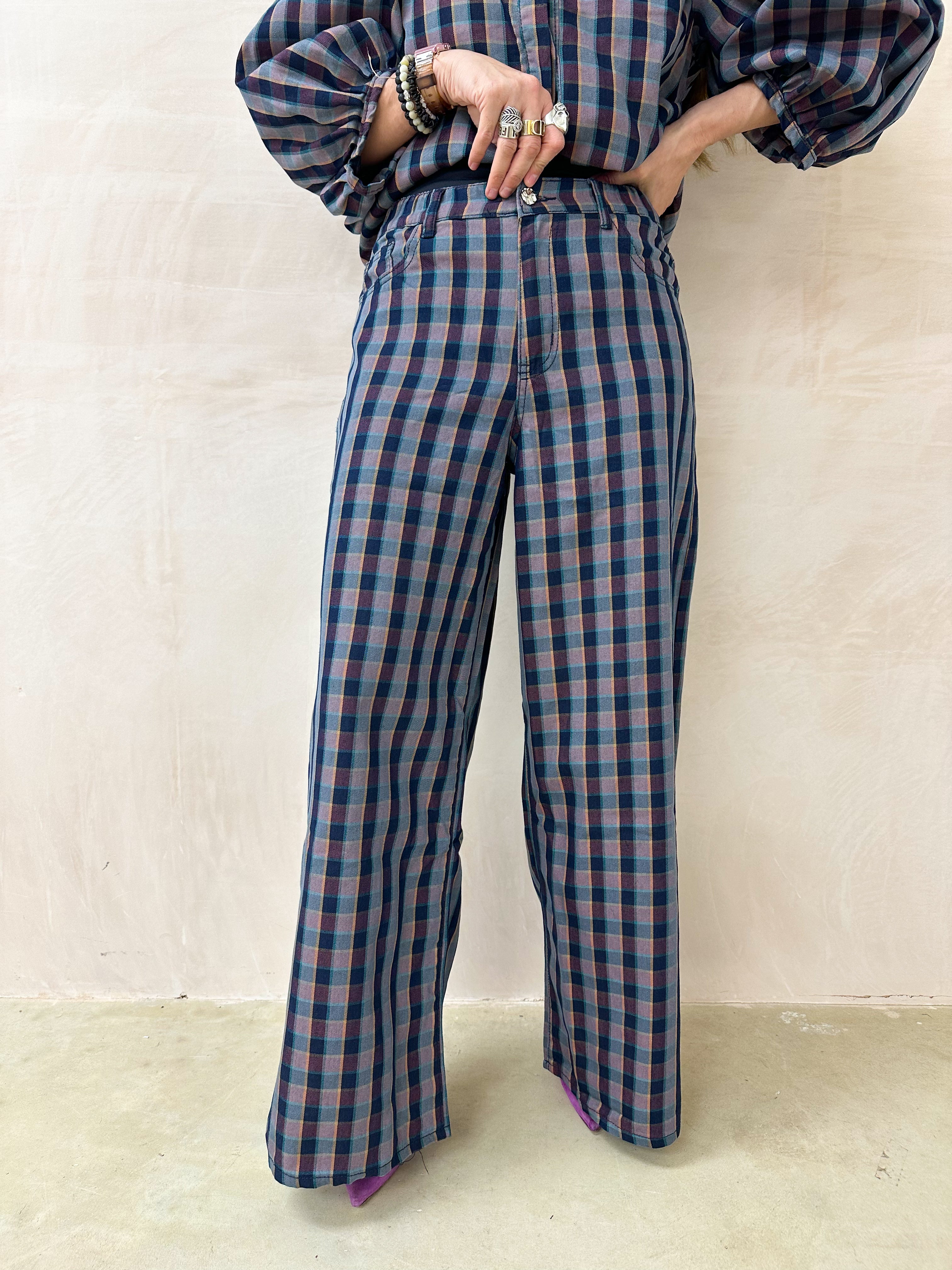 Wide Leg Trousers In Purple/Navy Check