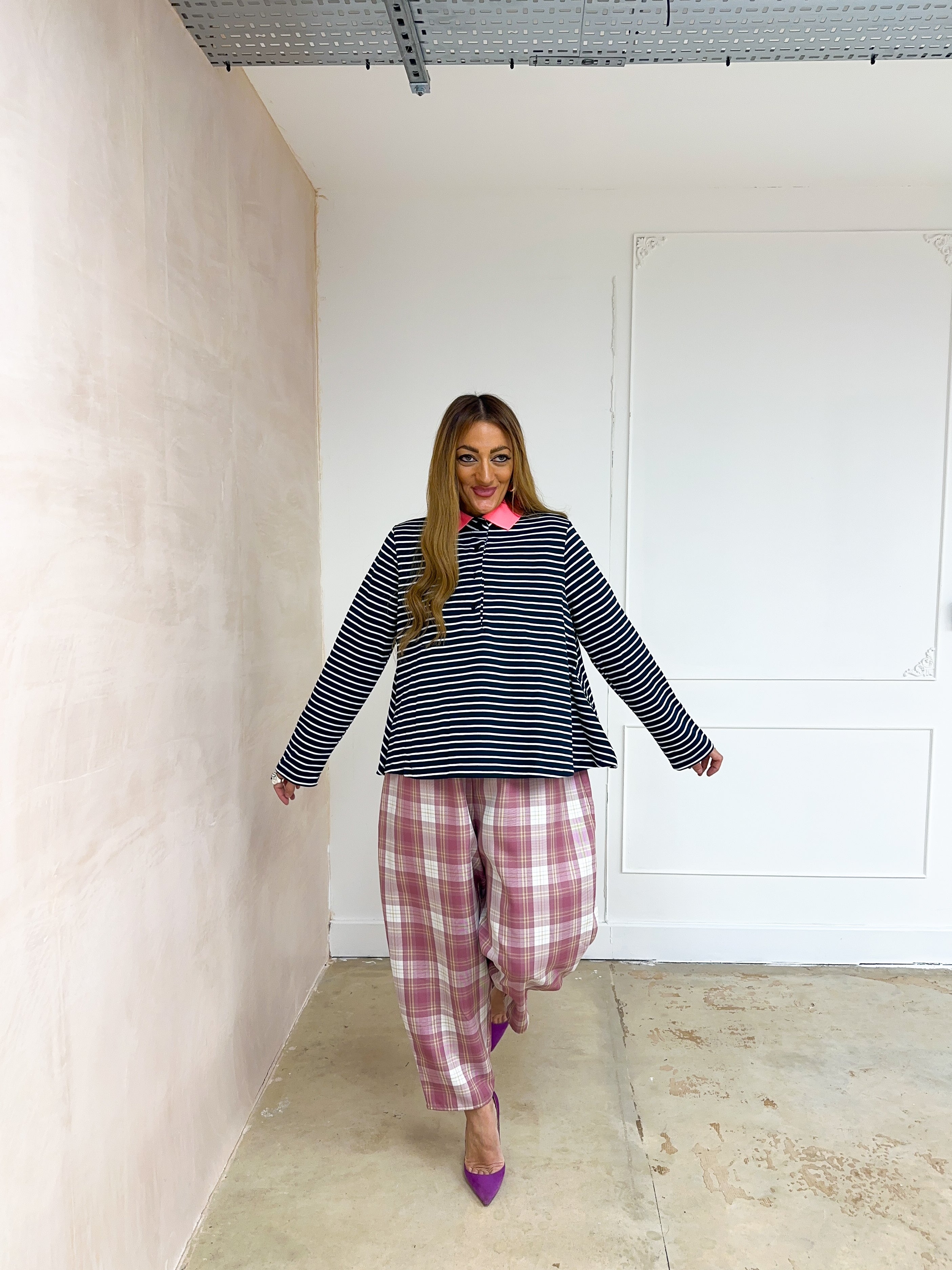 Contrast Collar Stripe Top In Navy