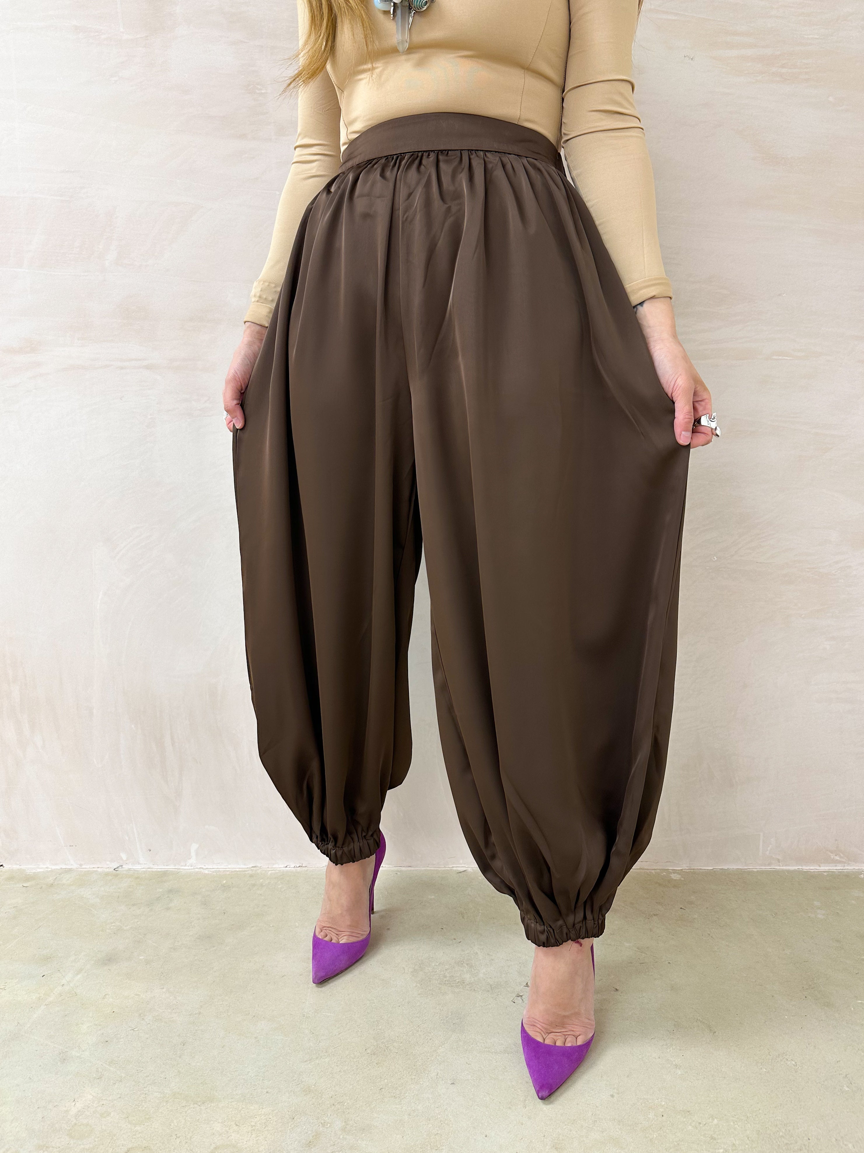 Aladdin Balloon Trousers In Brown Satin