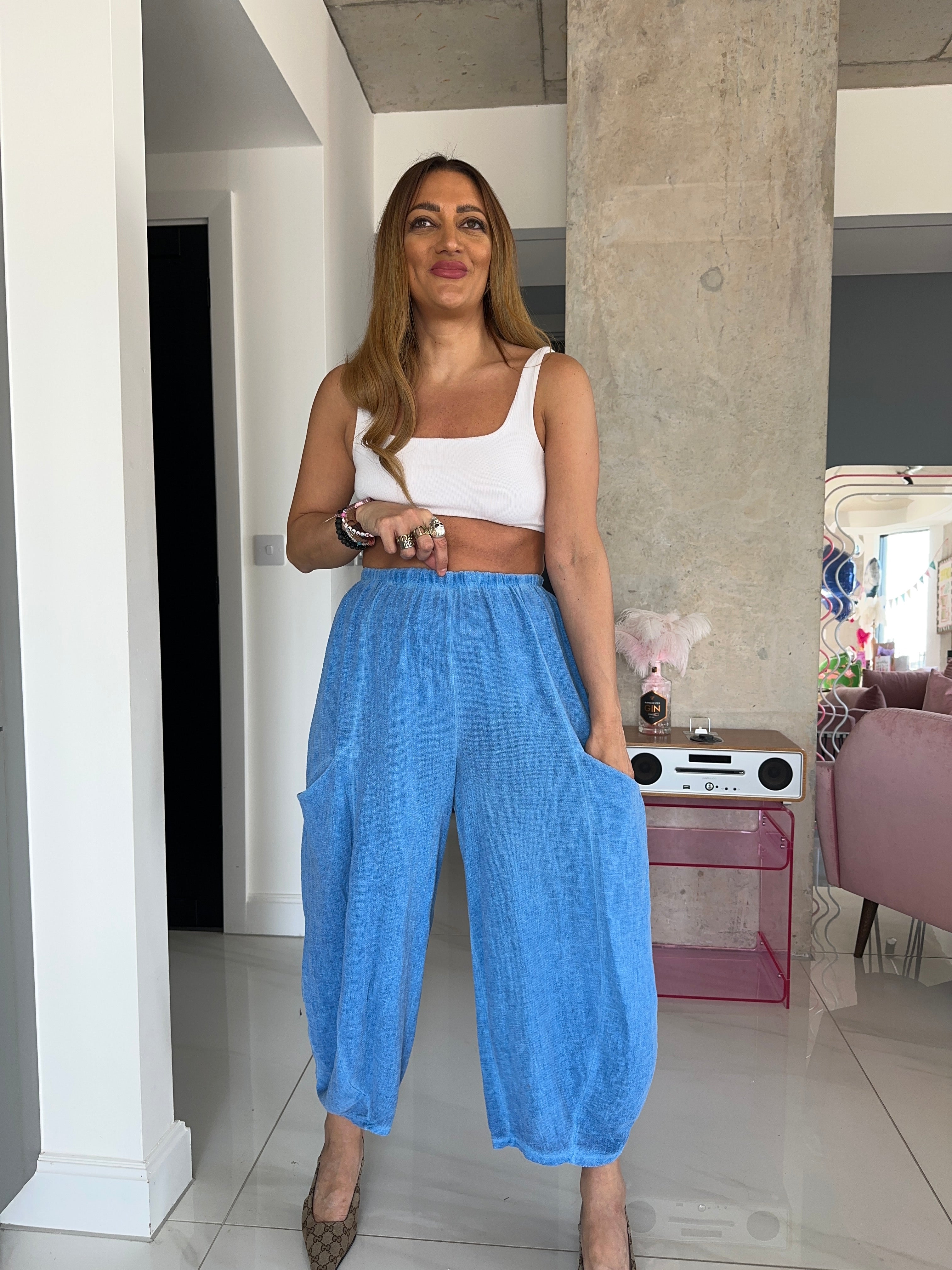 Linen Balloon Trousers In Sky Blue