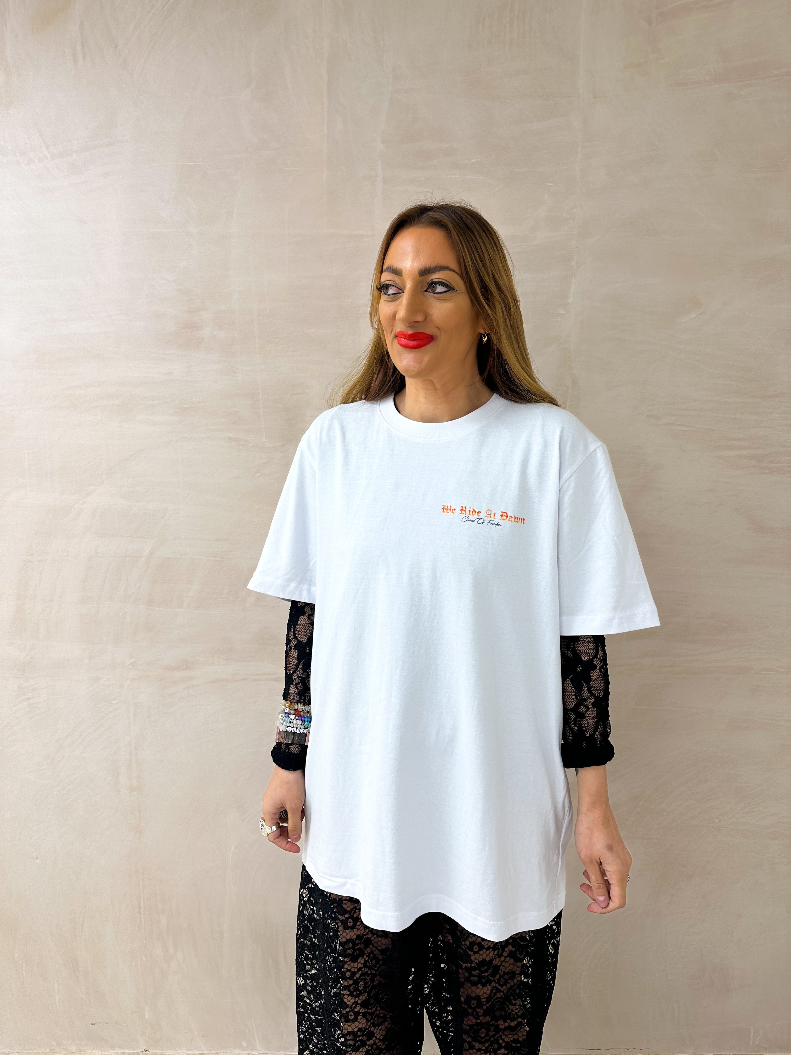 'We Ride At Dawn' Slogan Tee In White