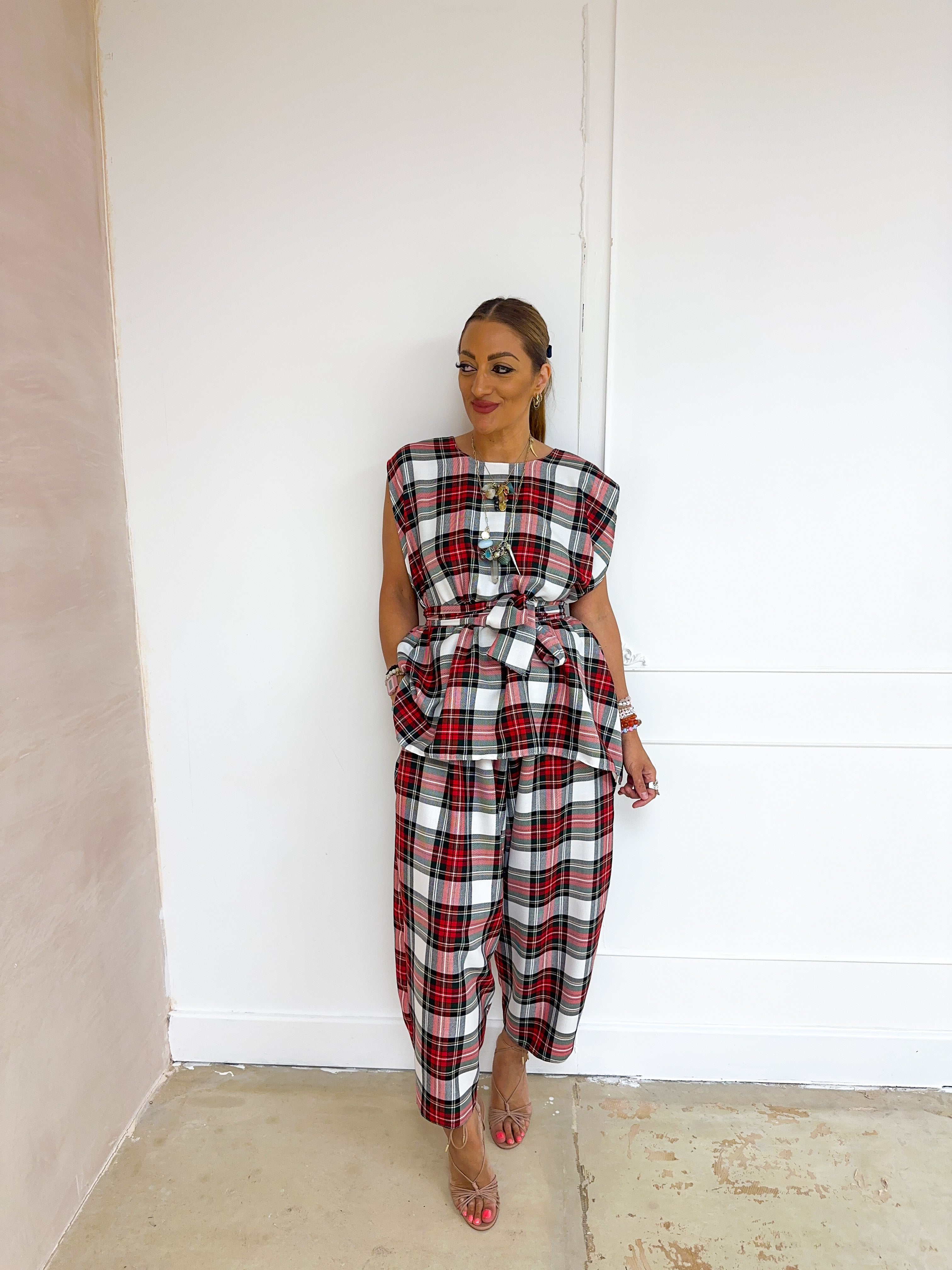 Muse Belted Top In Red/White Tartan