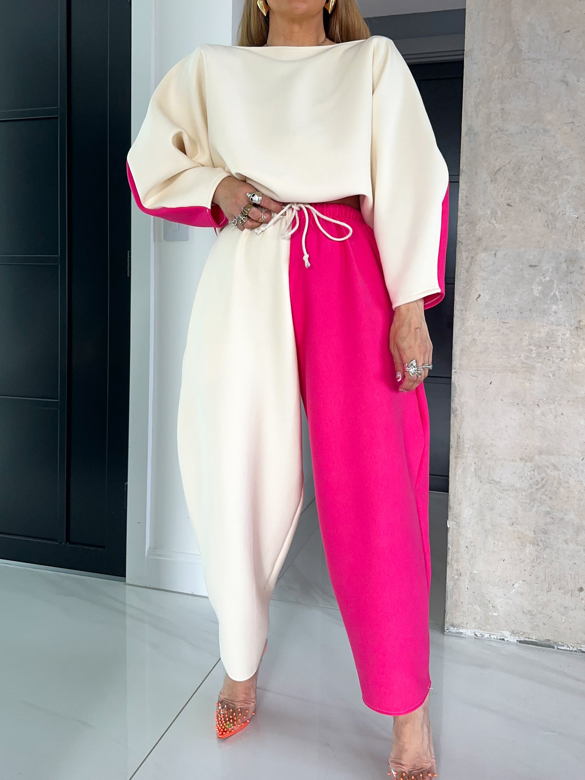 Core Collection Contrast Balloon Trousers In Pink/Cream