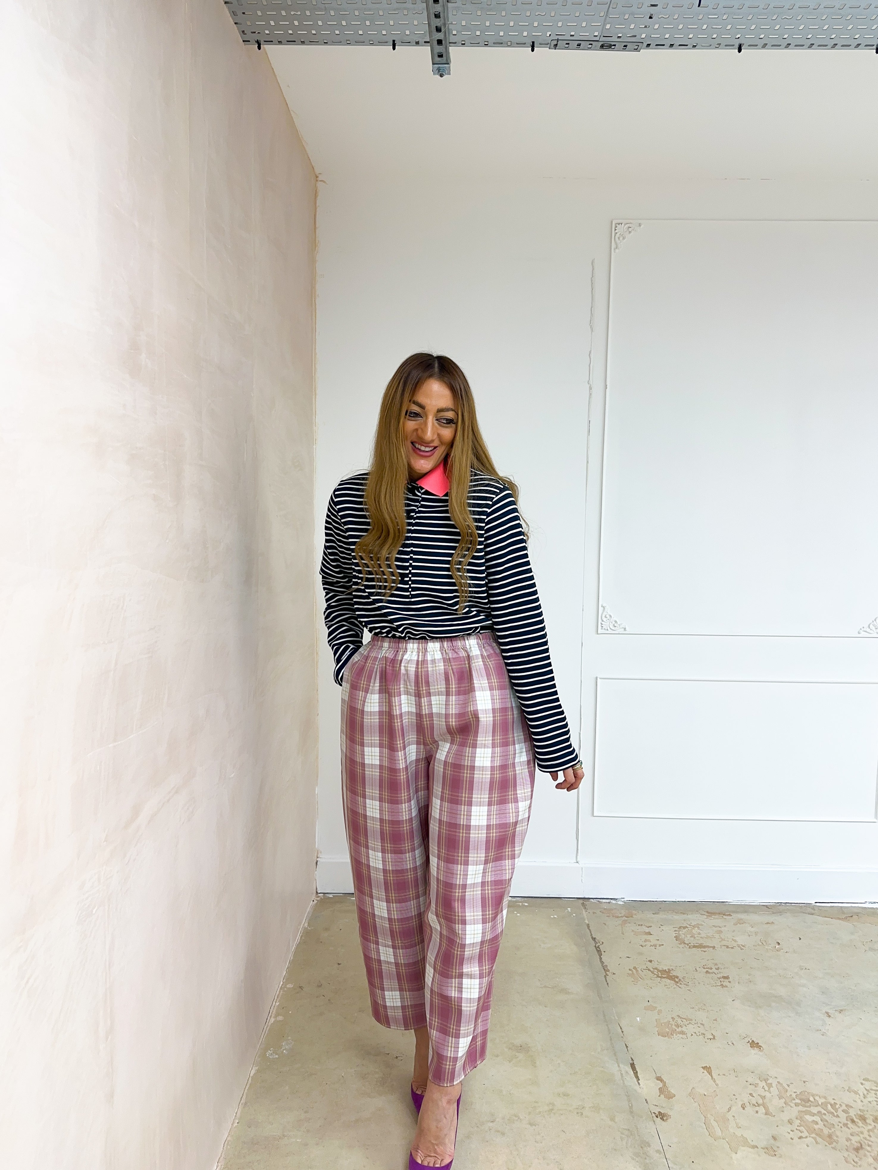 Contrast Collar Stripe Top In Navy