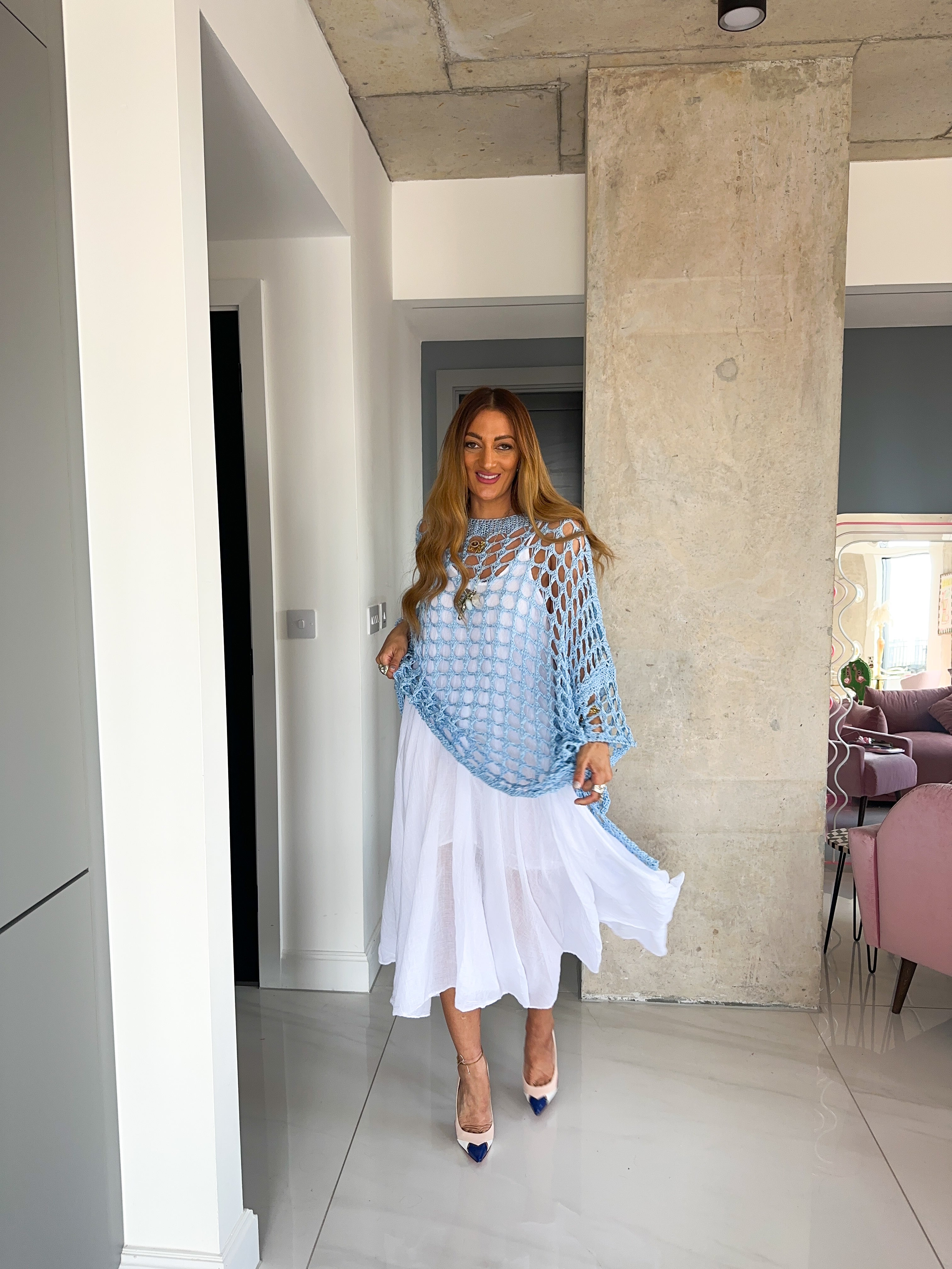 Loop Knit Oversized Sheer Jumper In Candy Blue