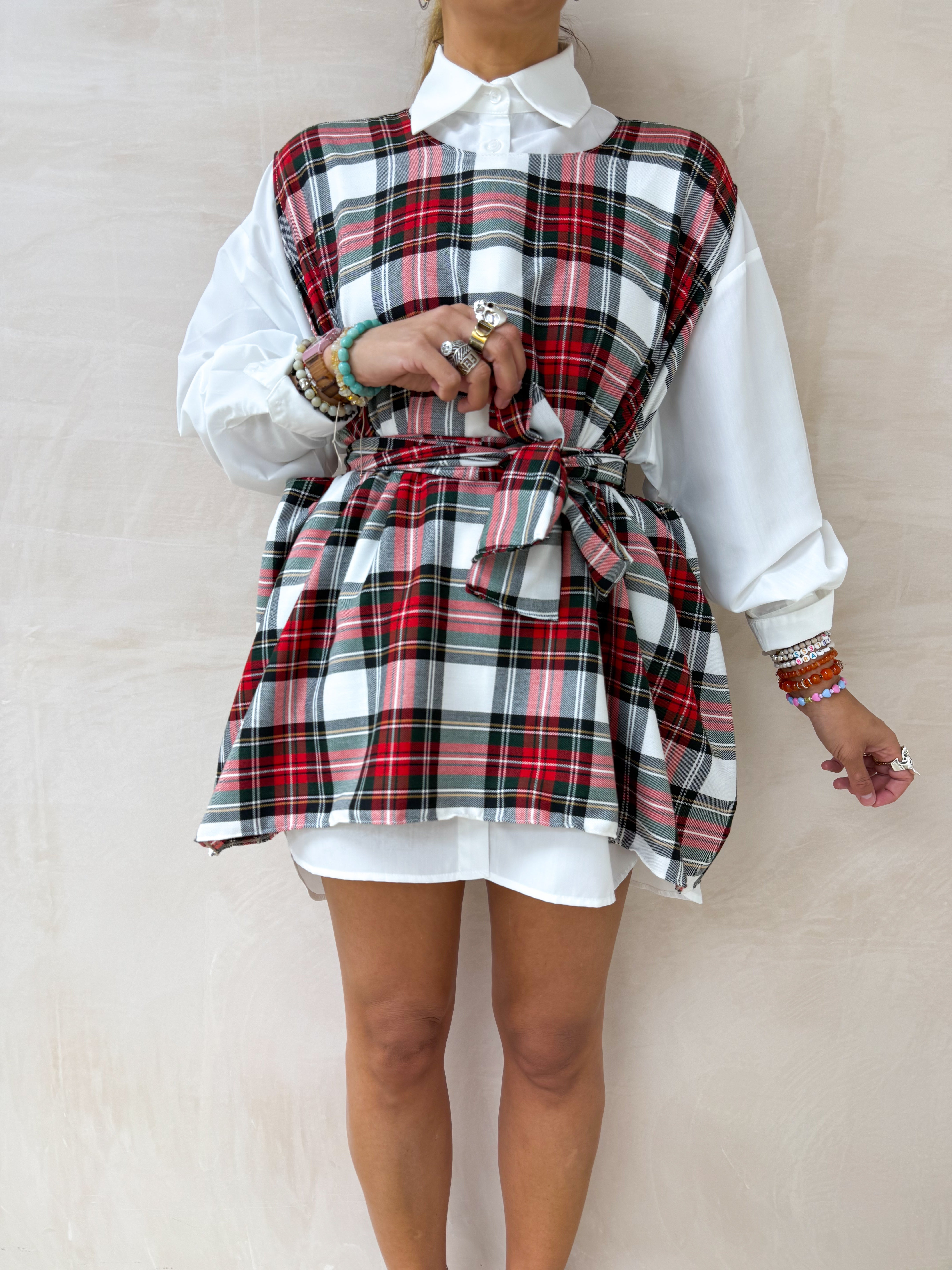 Muse Belted Top In Red/White Tartan