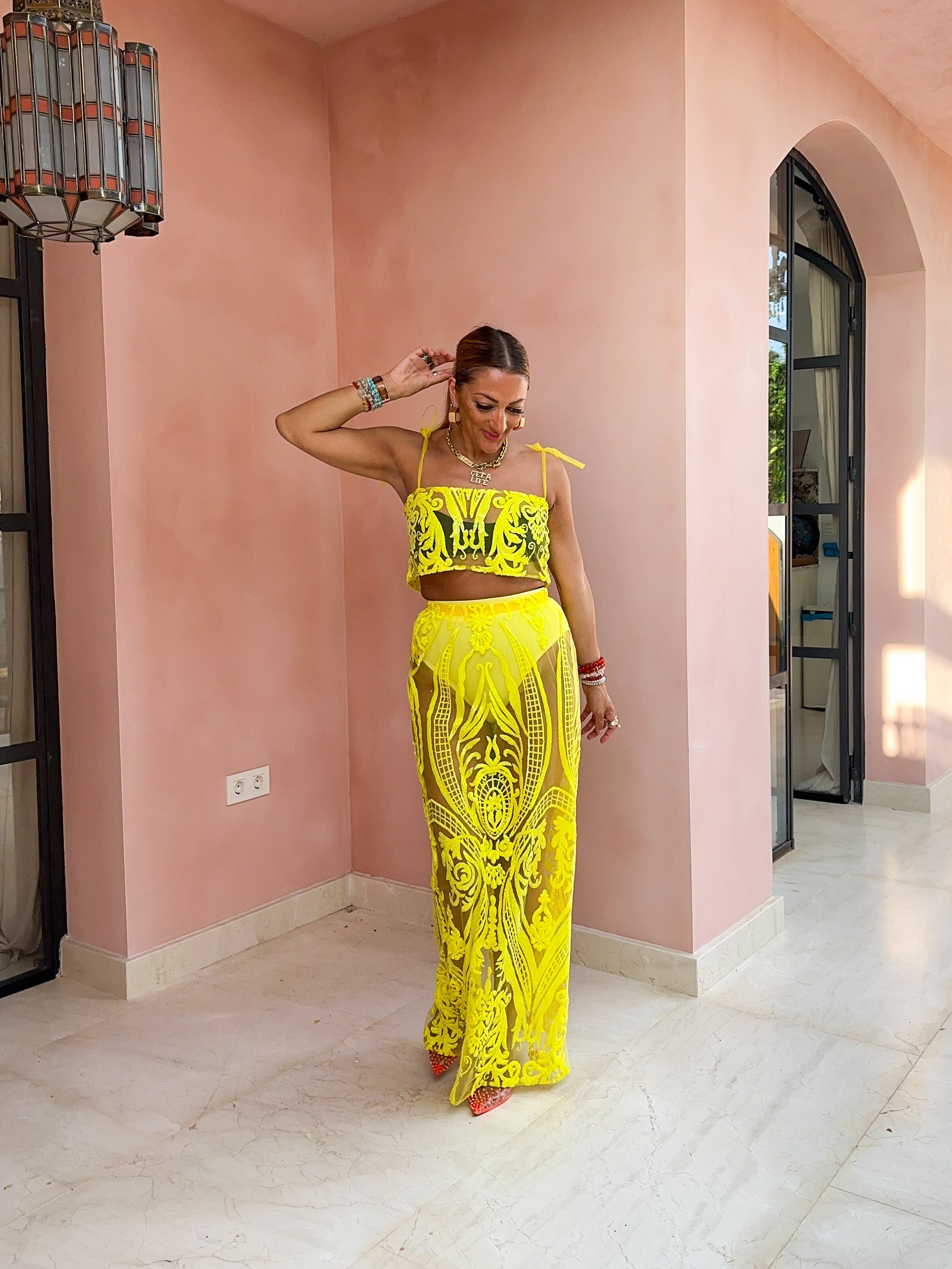 Solaris Supernova Sequin Midi Skirt In Yellow