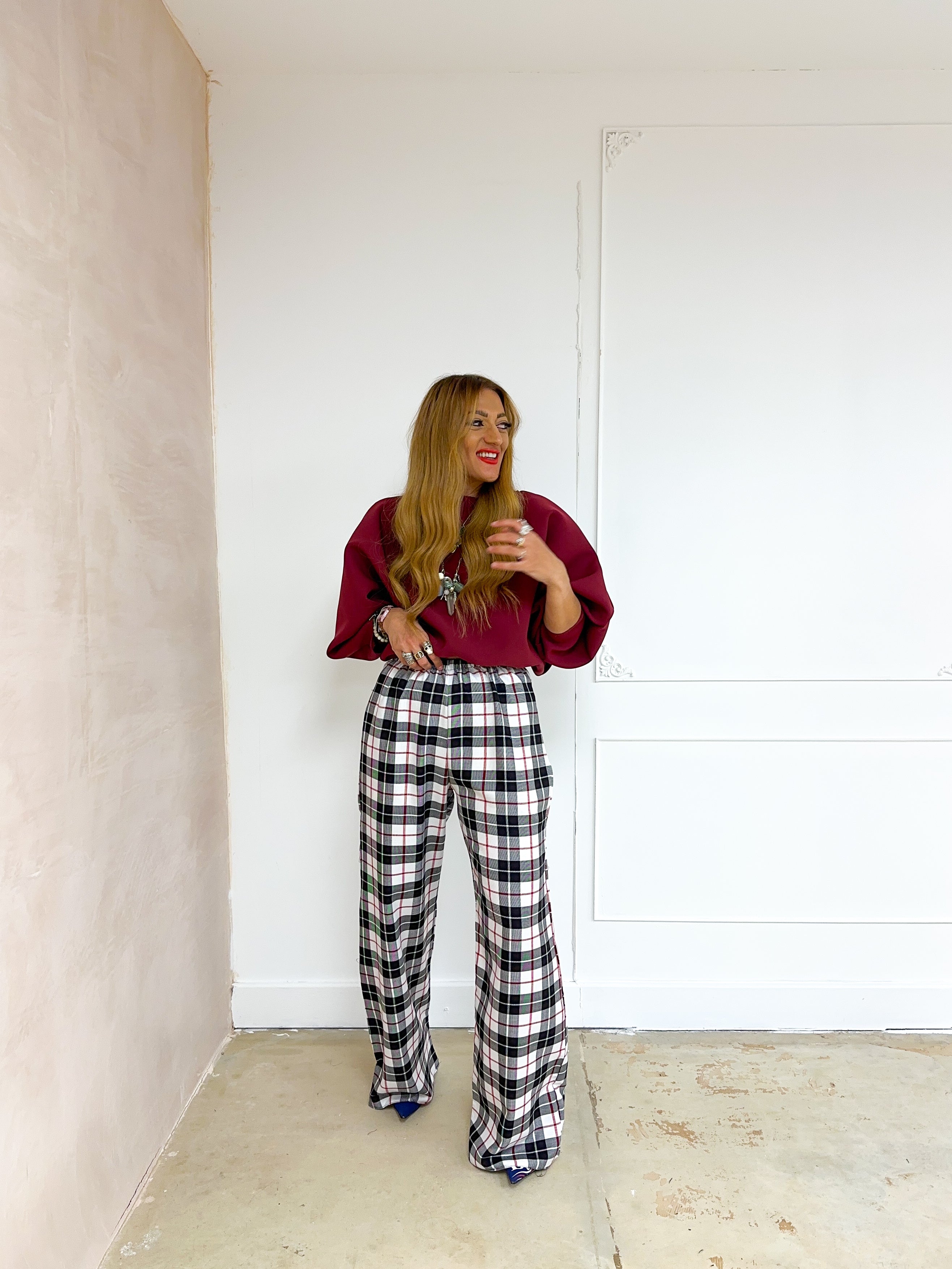 Muse Wide Leg Trousers In White Tartan