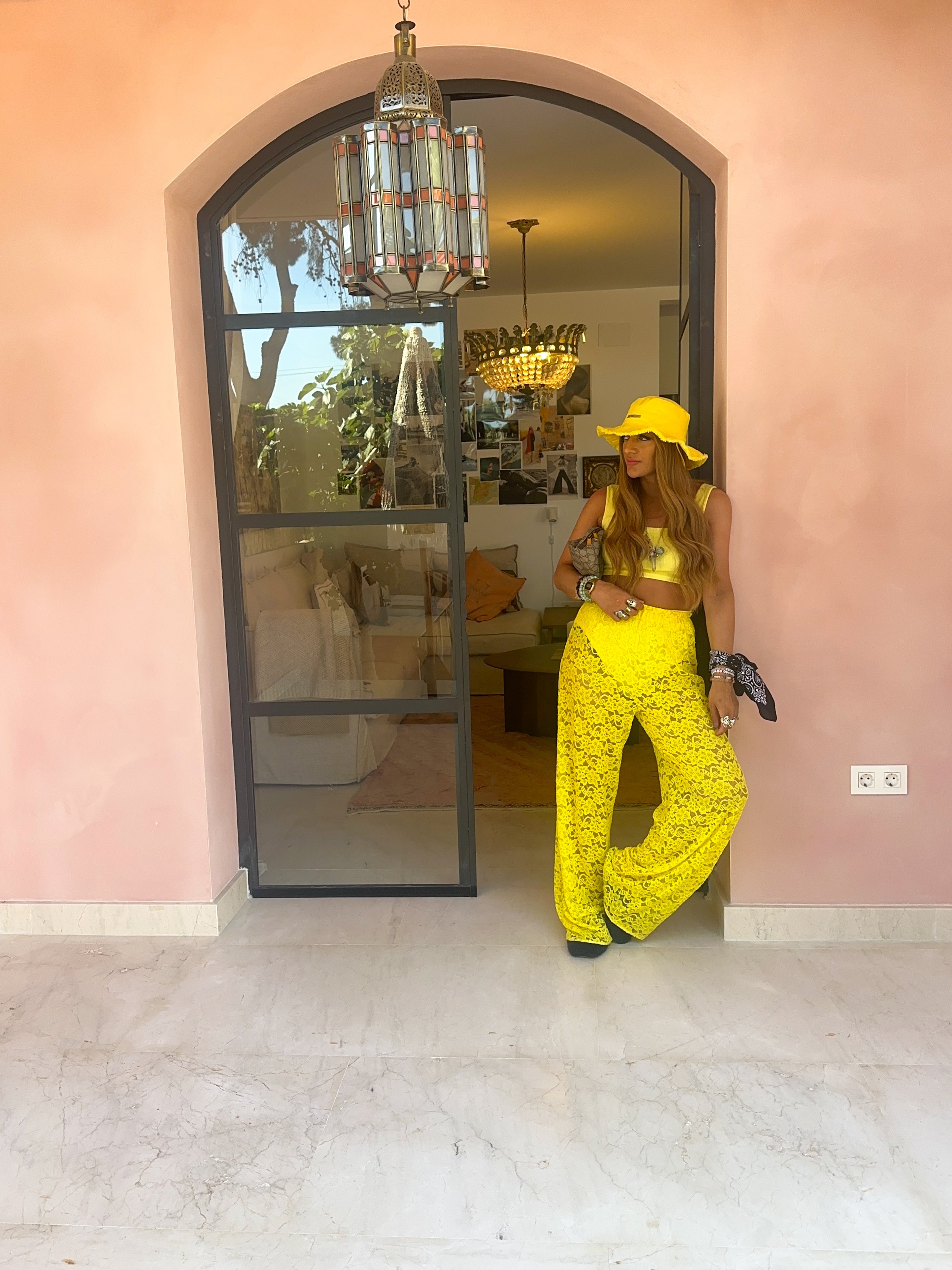 Wide Leg Lace Trousers In Yellow