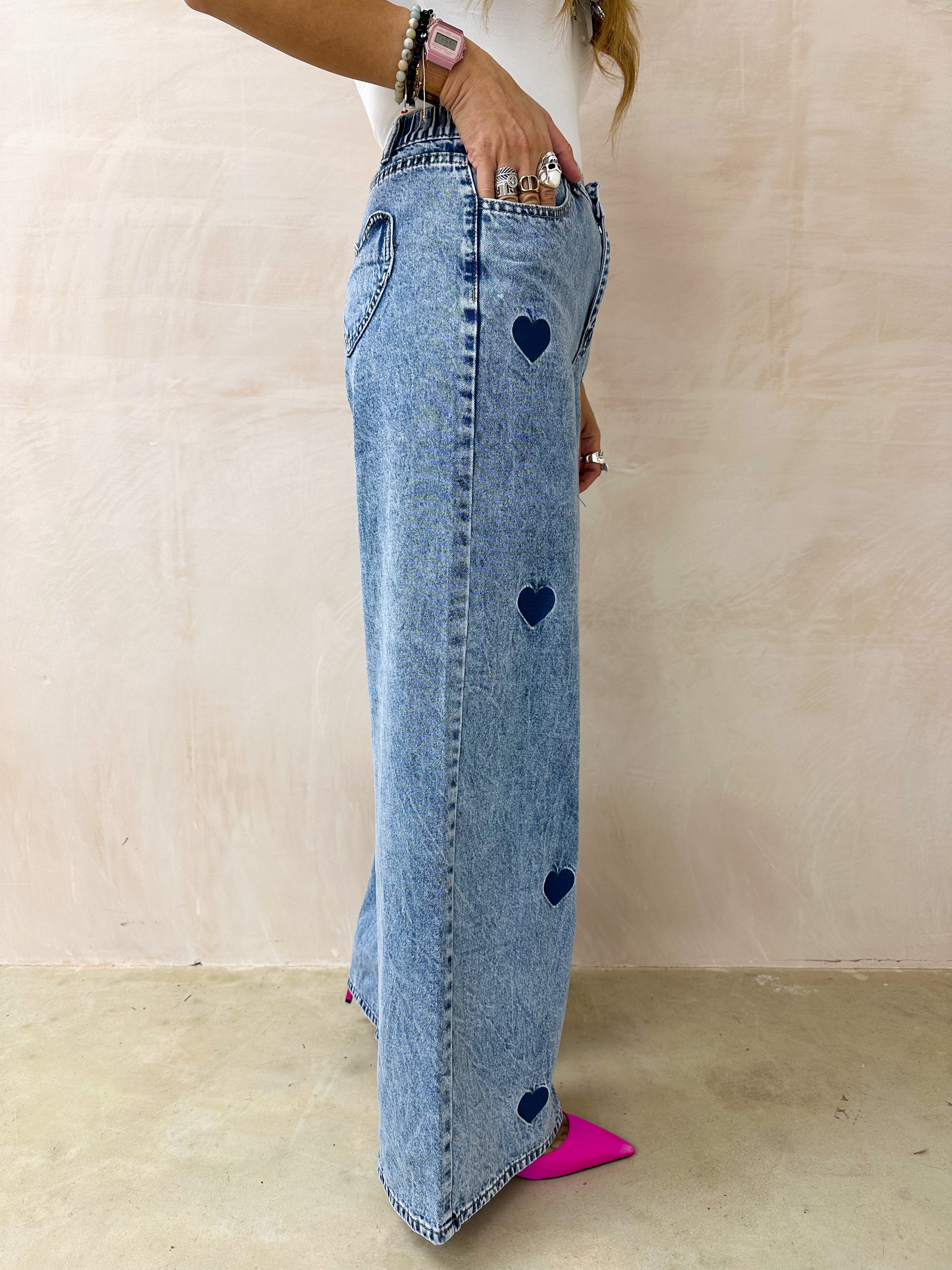 Wide Leg Scattered Heart Jeans In Blue