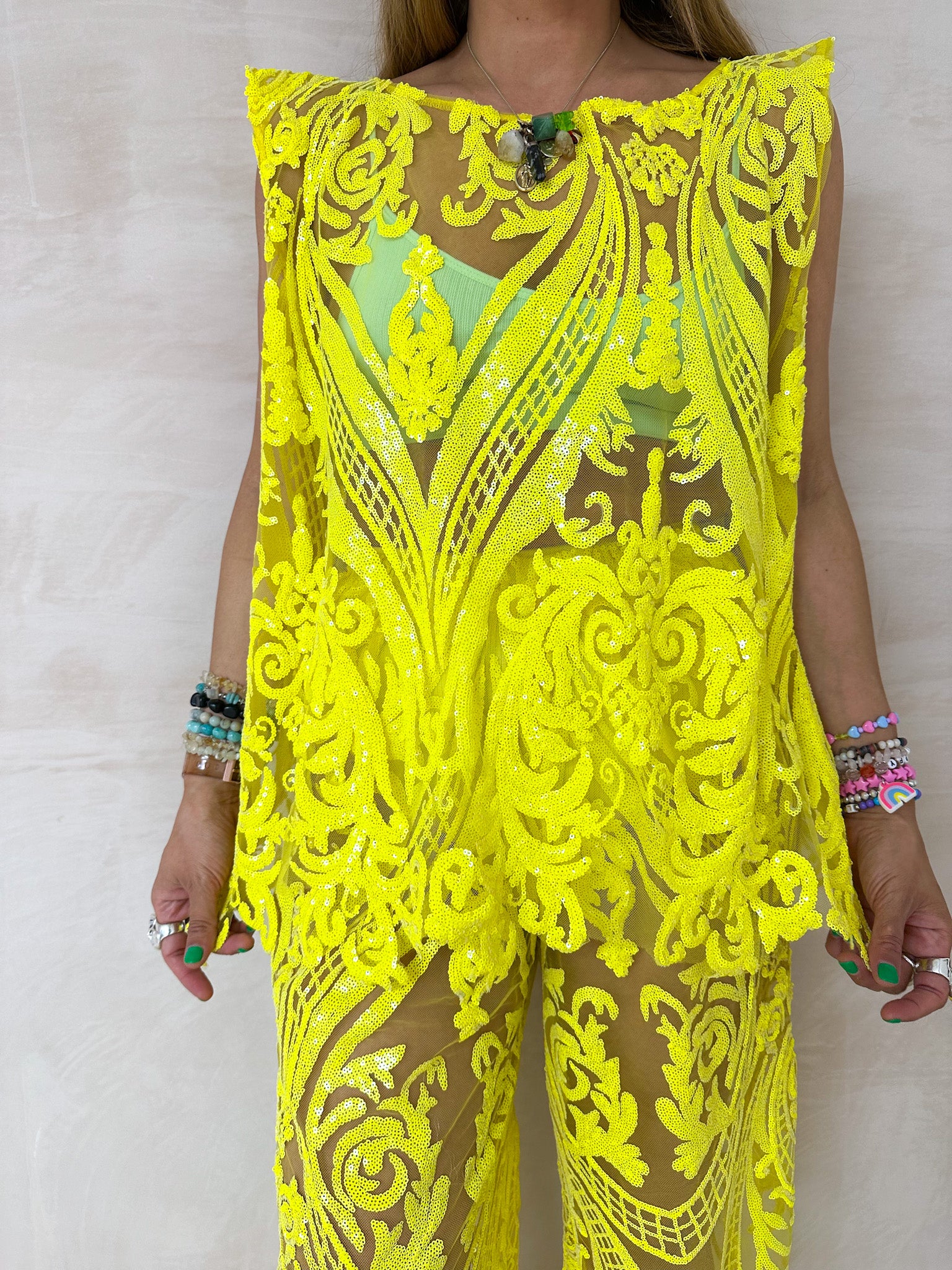 The Solaris Mesh Top In Yellow Sequin