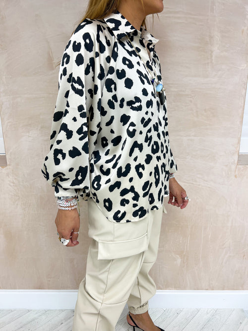 Floaty Oversized Shirt Style Satin Top In Cream Leopard Print