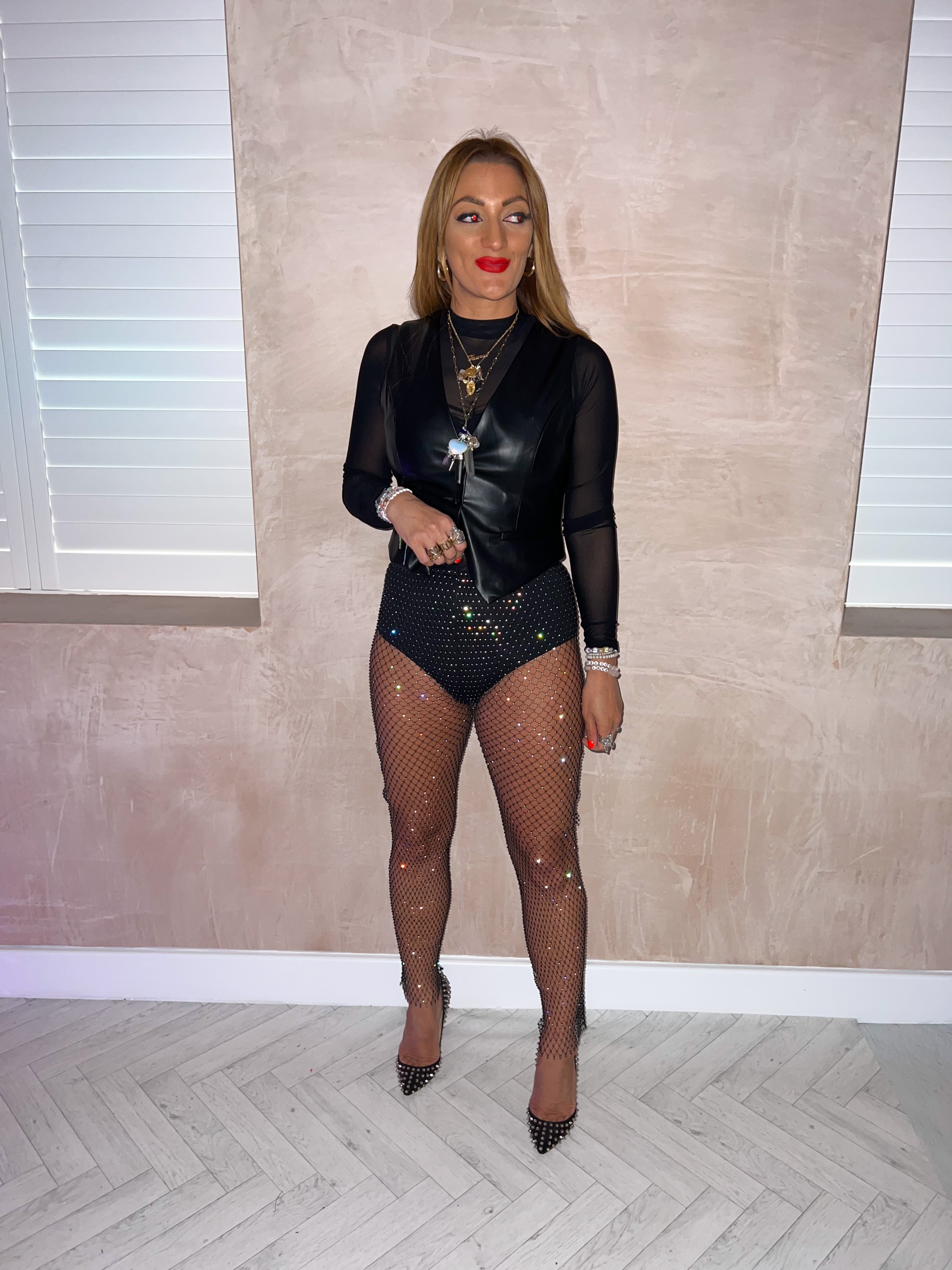 Diamante Mesh Rhinestone Leggings In Black