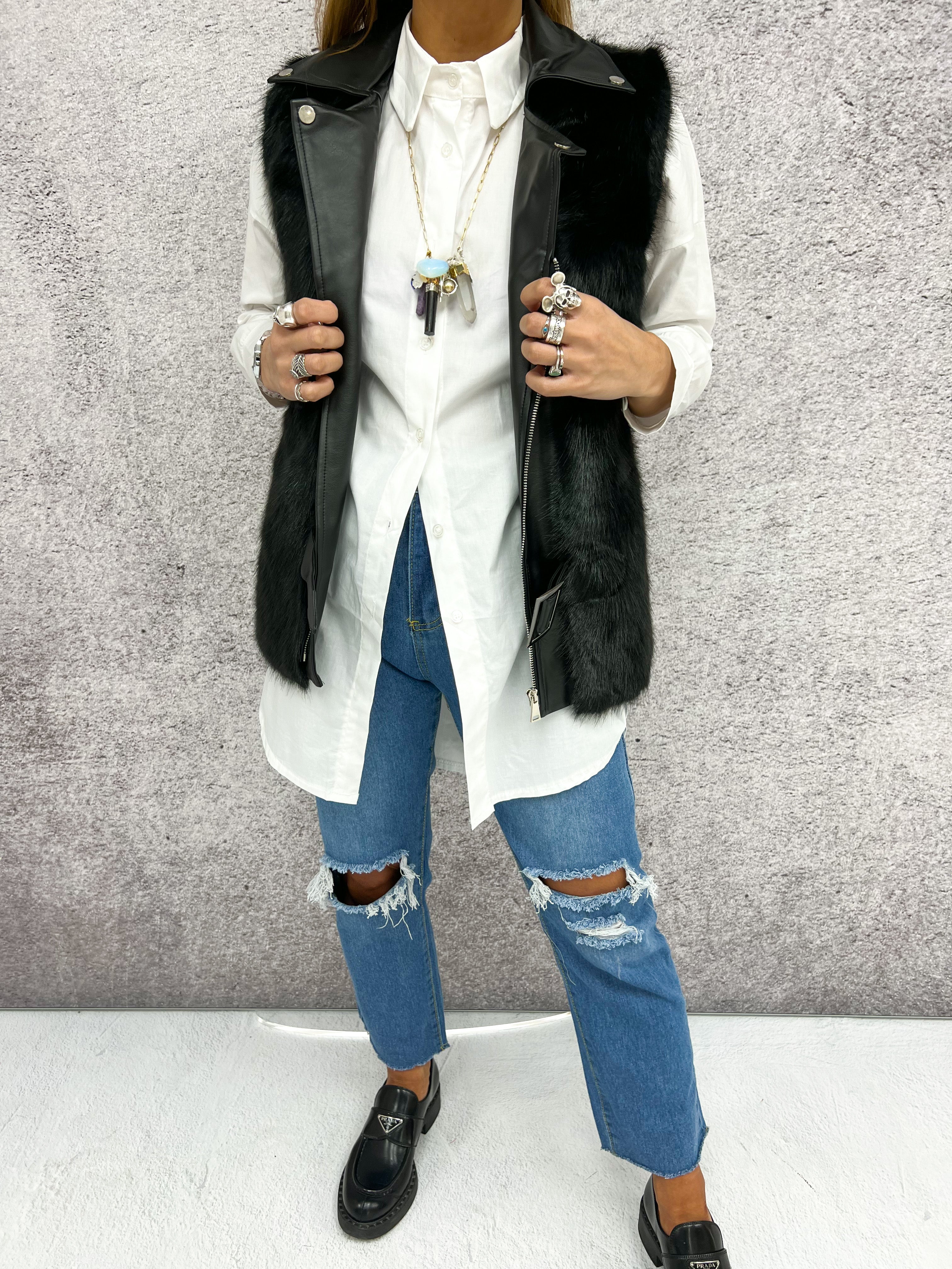 Faux Fur Biker Style Gilet In Black