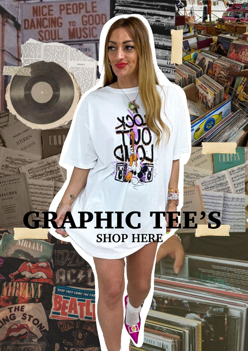 graphic tee collection banner featuring colourful t-shirts with bold designs