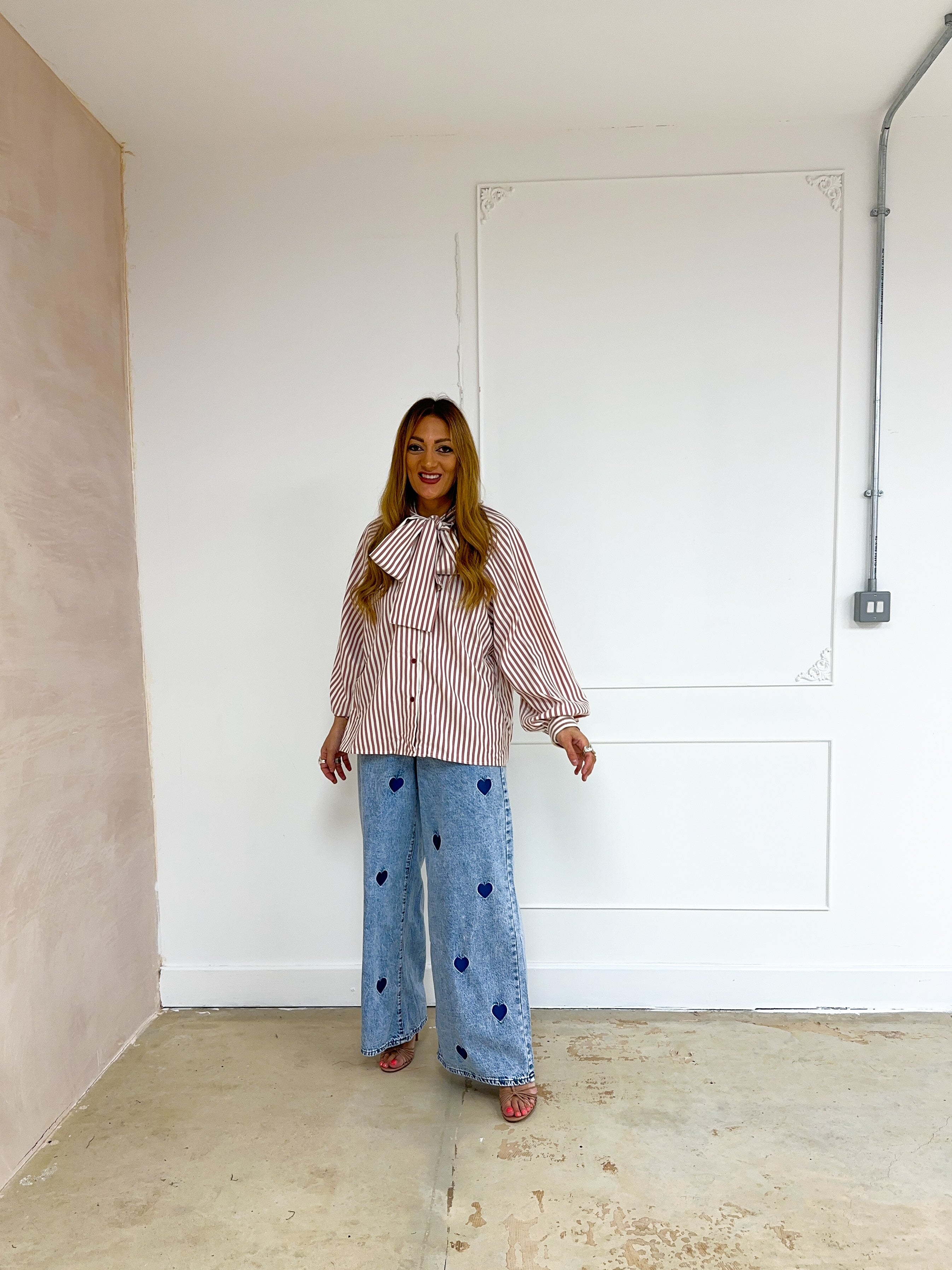 Stripe Bow Front Shirt In Red And Cream