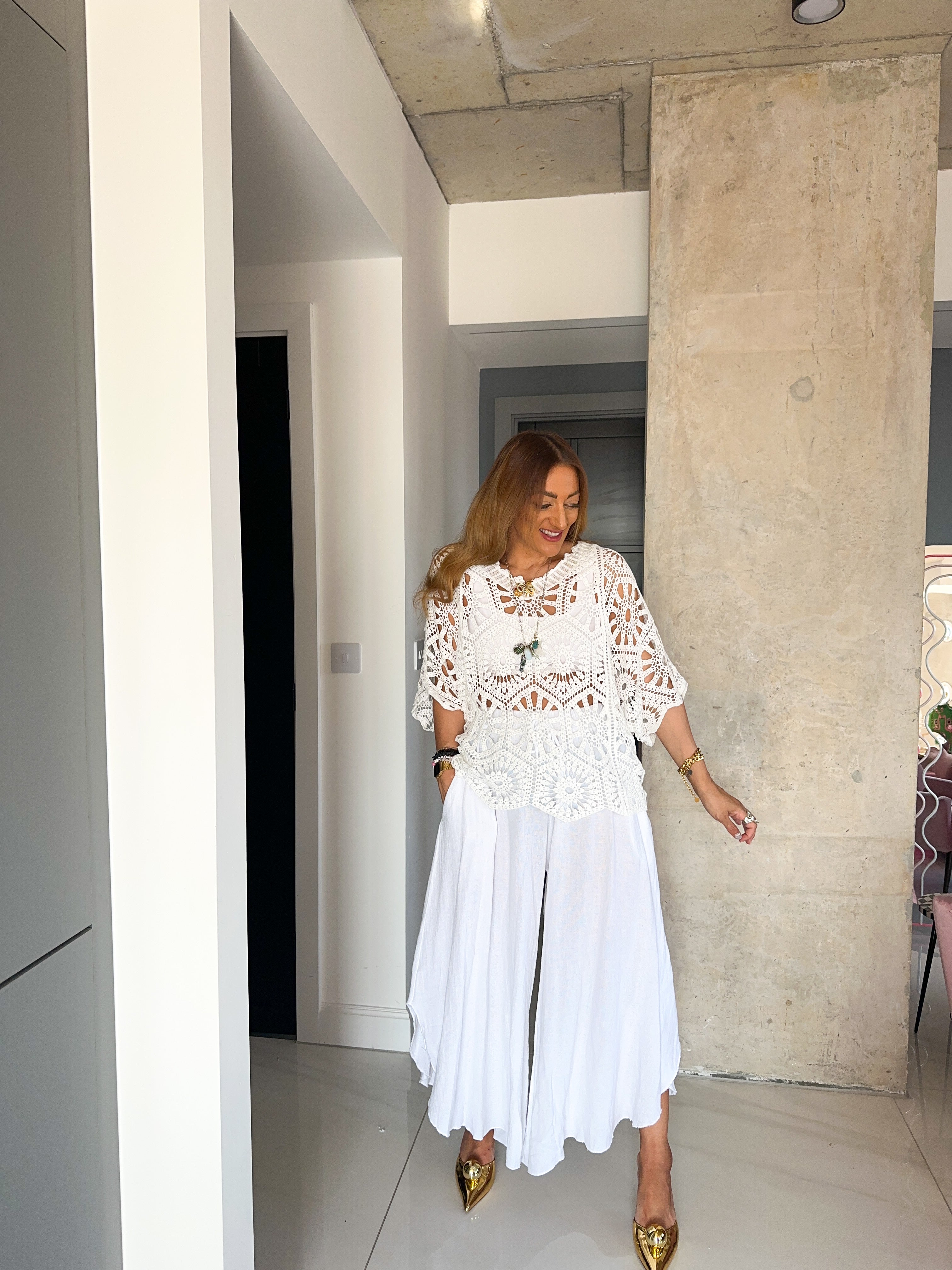 Wide Leg Floaty Trousers In White