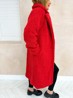 Fluffy Midi Length Teddy Coat In Red