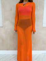 Long Sleeve Mesh Maxi Dress In Orange